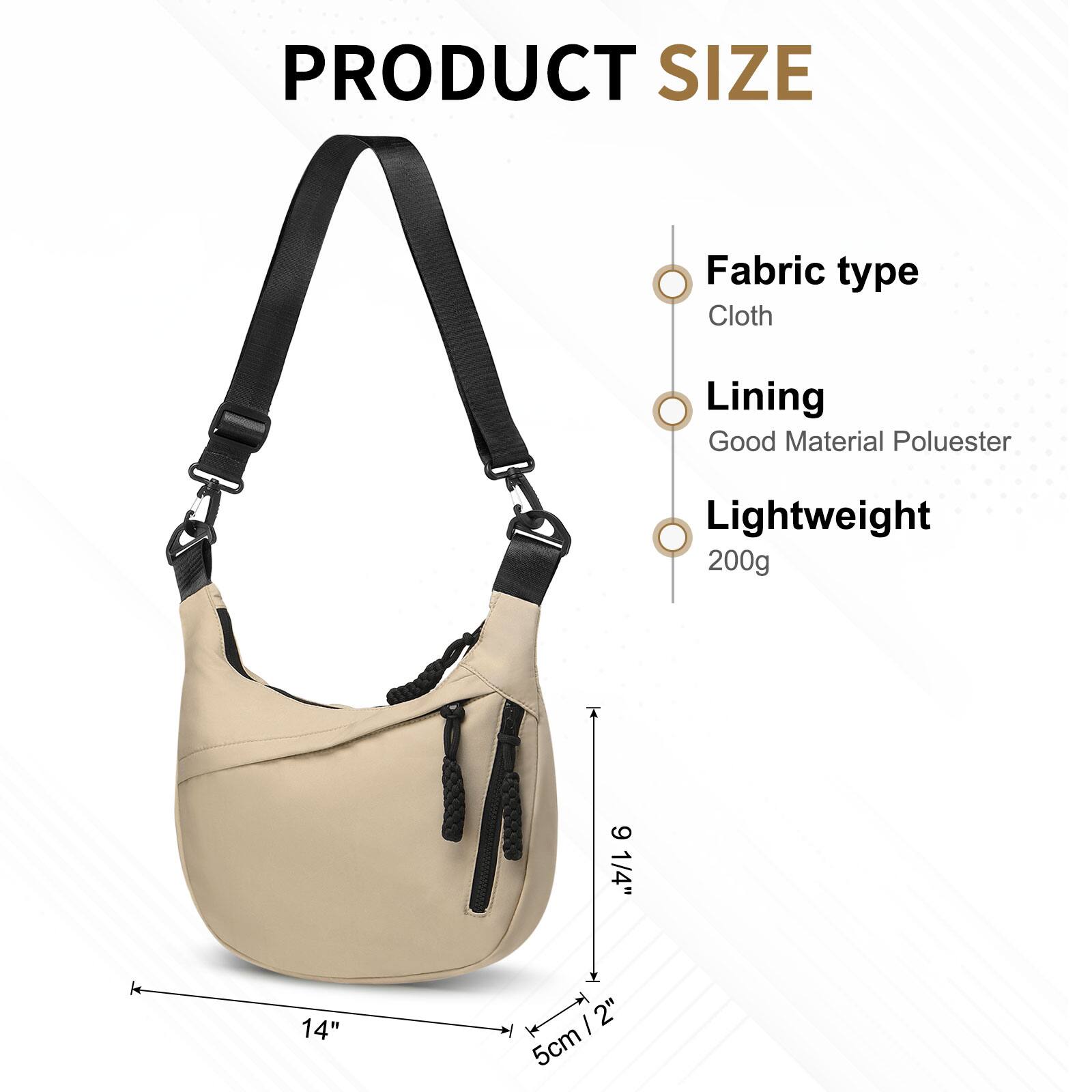 PRODUCT SIZE  
Fabric type: Cloth  
Lining: Good Material Polyester  
Lightweight: 200g  
T: 6 1/4"  
I: 14"  
W: 5cm / 2"  
H: 9 1/4"