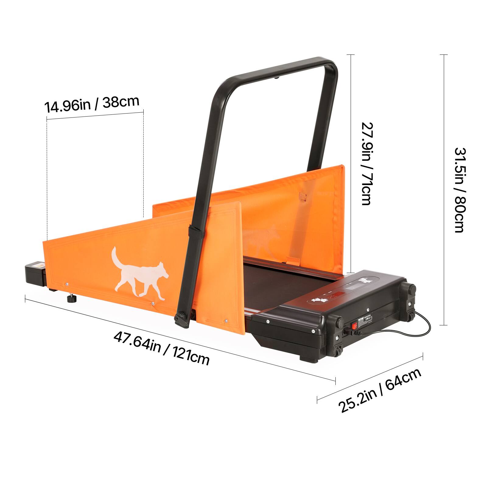 14.96in / 38cm, 27.9in / 71cm, 31.5in / 80cm, 47.64in / 121cm, 25.2in / 64cm