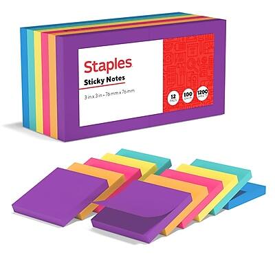 Staples Sticky Notes  
3in x 3in (76mm x 76mm)  
12 Packs  
100 Sheets per Pack  
1200 Sheets Total