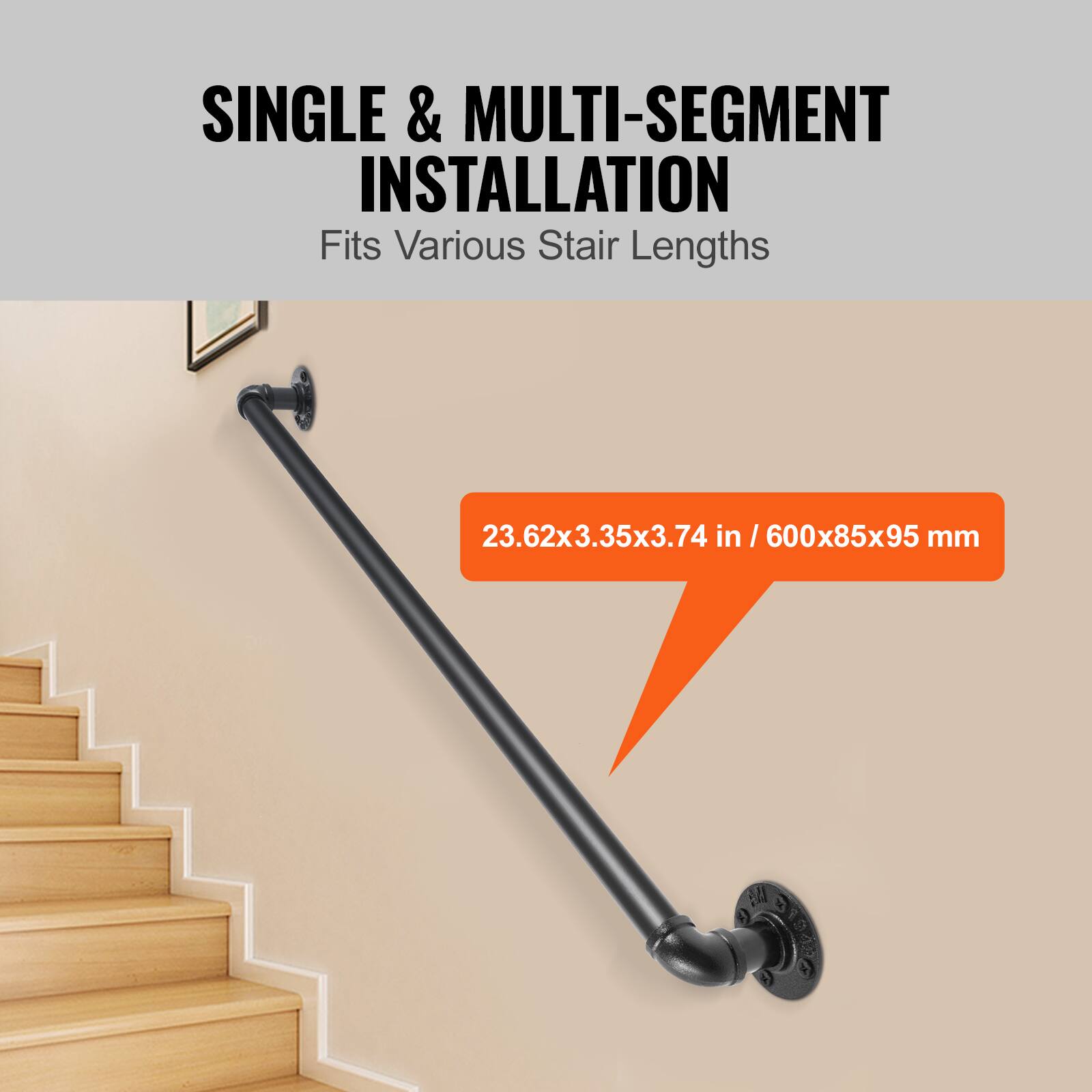 The corrected text is:

"SINGLE & MULTI-SEGMENT INSTALLATION Fits Various Stair Lengths 23.62x3.35x3.74 in / 600x85x95 mm"