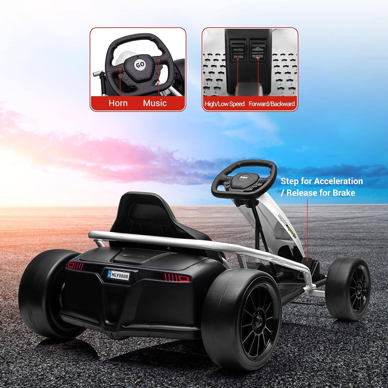 - Horn
- Music

- High/Low Speed
- Forward/Backward

- Step for Acceleration / Release for Brake

- HLY8888