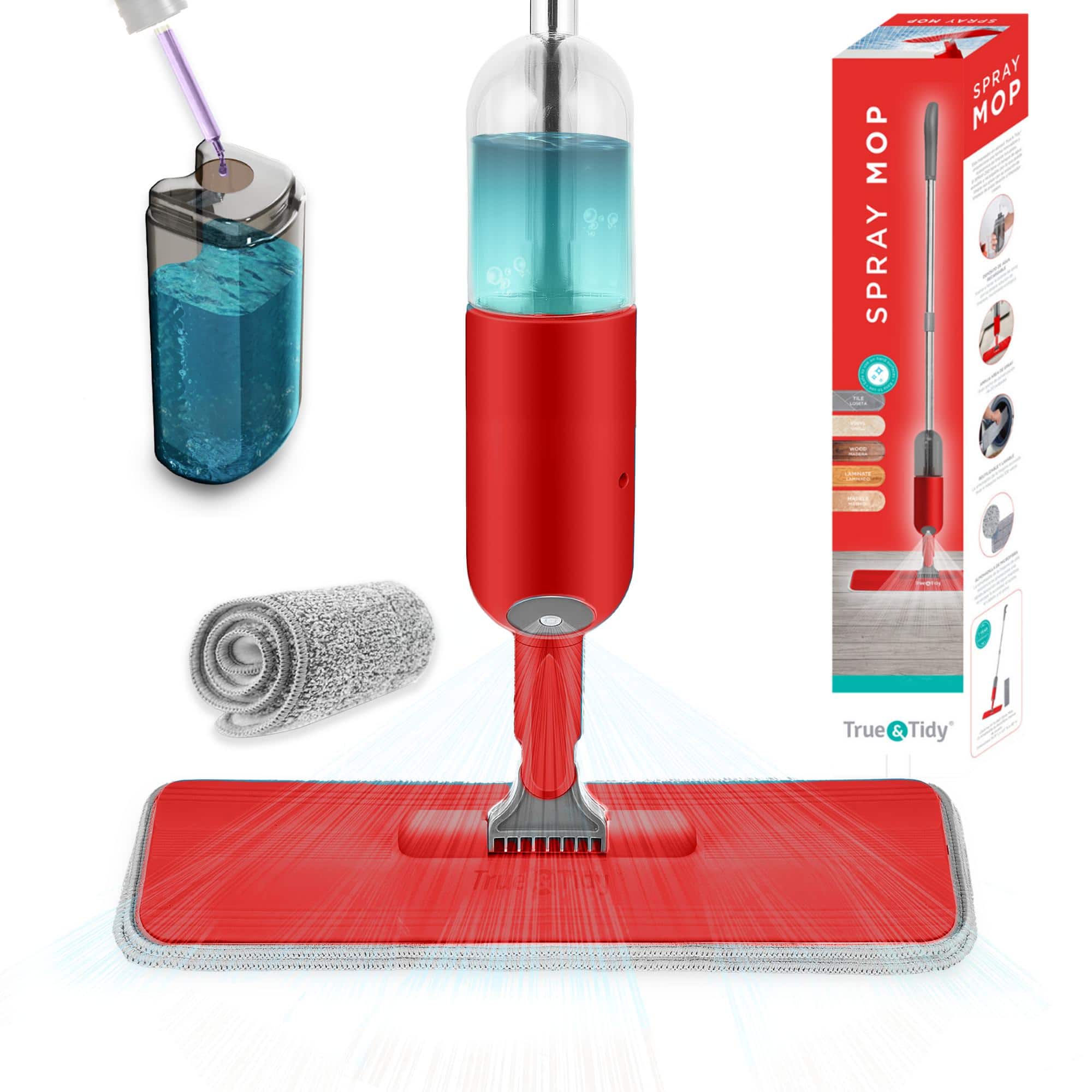True & Tidy - Multi-Surface Spray Mop With Refillable Bottle - RED