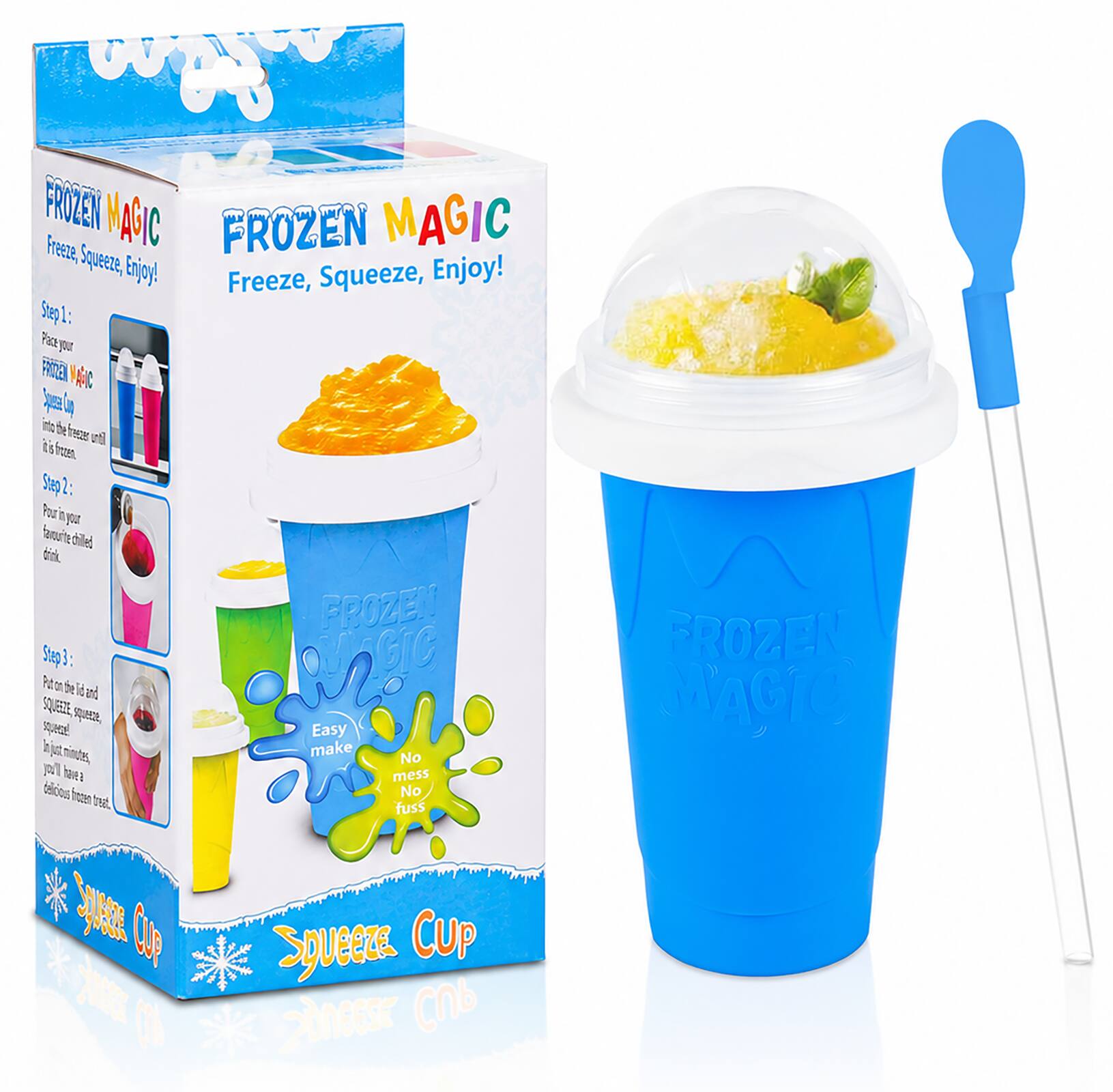FROZEN MAGIC  
Freeze, Squeeze, Enjoy!  

Step 1:  
Place your FROZEN MAGIC Spout Lid into the freezer until it is frozen.  

Step 2:  
Pour in your favourite chilled drink.  

Step 3:  
Pull on the lid and squeeze.  
In just minutes, you'll have a delicious frozen treat.  

Easy  
No Mess  
No Fuss  

FROZEN MAGIC  
Squeeze Cup