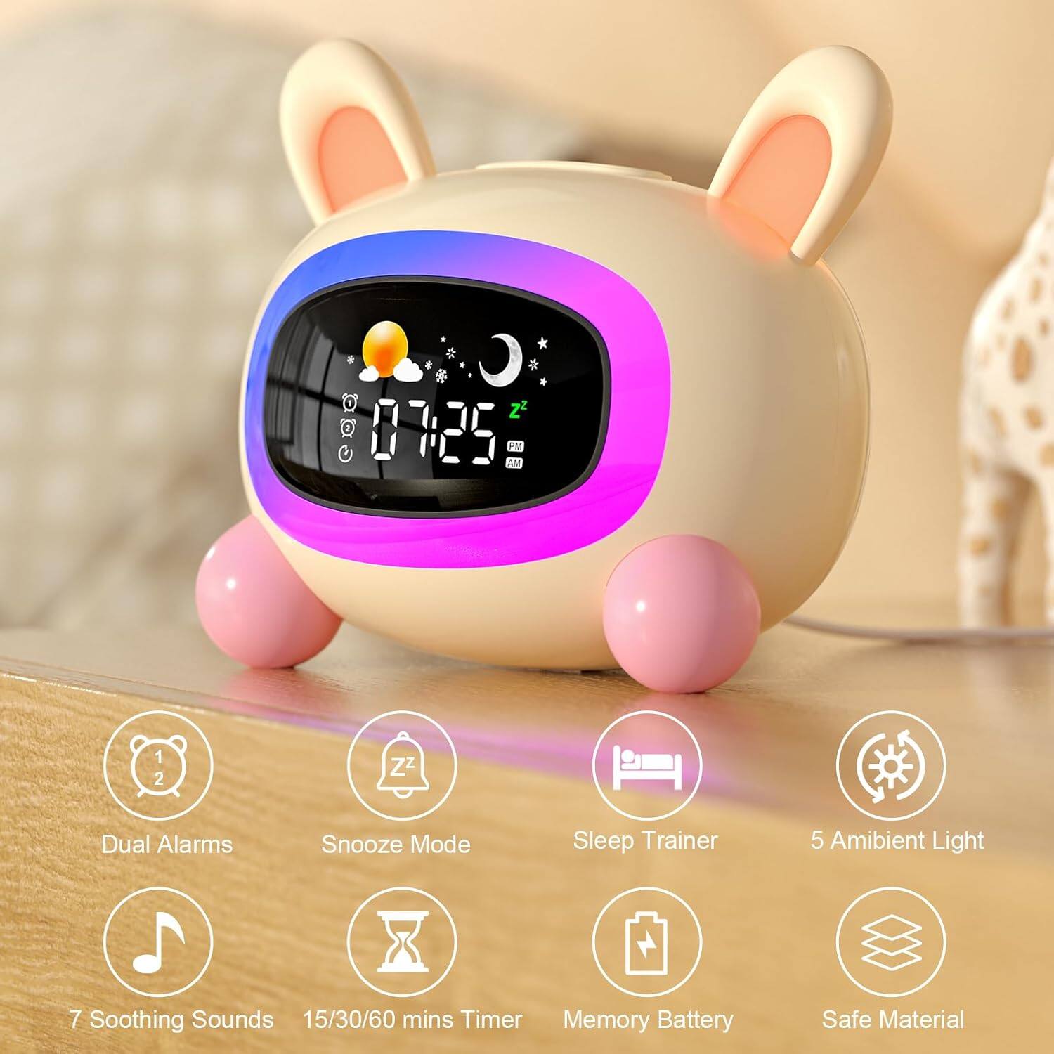 z2 0725 AN P 1 2 ZZ Dual Alarms Snooze Mode Sleep Trainer 5 Ambient Light 7 Soothing Sounds 15/30/60 mins Timer Memory Battery Safe Material