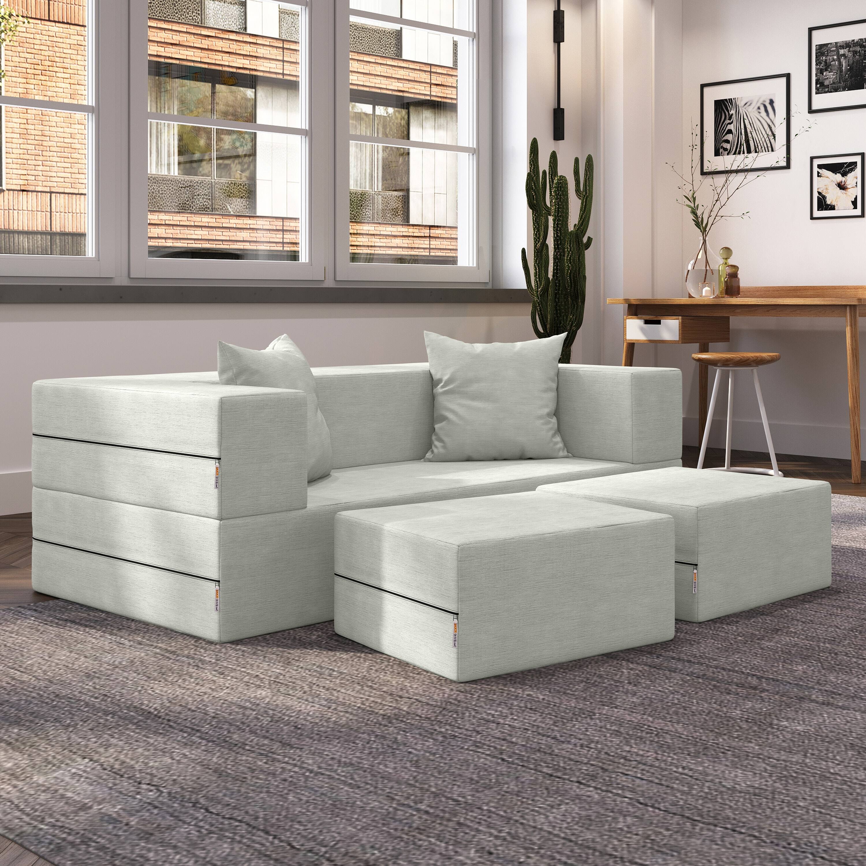 Left. Jaxx - Jaxx Zipline Convertible Sleeper Loveseat & Ottomans, Textured Microvelvet - Ice - Ice.