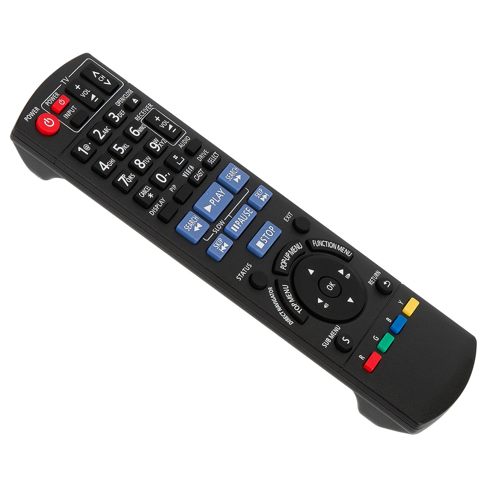 Sure, here is the corrected and grouped text from the image:

**Top Row:**
- TV
- VOL + (with a plus sign)
- VOL - (with a minus sign)
- POWER
- INPUT
- 1
- 2ABC
- 3DEF
- 4GHI
- 5JK
- 6LM
- 7TUV
- 8WXYZ
- 9
- 0
- *

**Middle Row:**
- 0
- #
- RECALL
- DISPLAY
- CANCEL
- CAST
- SEARCH
- PLAY
- PAUSE
- STOP
- SKIP
- SLOW
- EXIT
- MENU
- SUB MENU
- DIRECT
- RETURN
- OK
- NAVIGATOR
- MENU
- Y
- G
- R

**Bottom Row:**
- POWER
- OPEN/CLOSE
- RECEIVER
- VOL + (with a plus sign)
- VOL - (with a minus sign)
- AUDIO
- DRIVE SELECT
- 4
- IGH
- TQRS
- 0-
- VIETA
- CAST SEARCH
- CANCEL
- PIP
- SKIP
- PLAY
