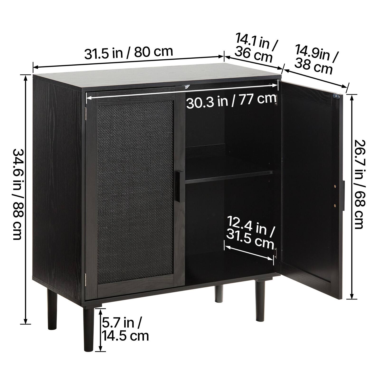 31.5 in / 80 cm  
14.1 in / 36 cm  
14.9 in / 38 cm  
34.6 in / 88 cm  
30.3 in / 77 cm  
12.4 in / 31.5 cm  
26.7 in / 68 cm  
5.7 in / 14.5 cm