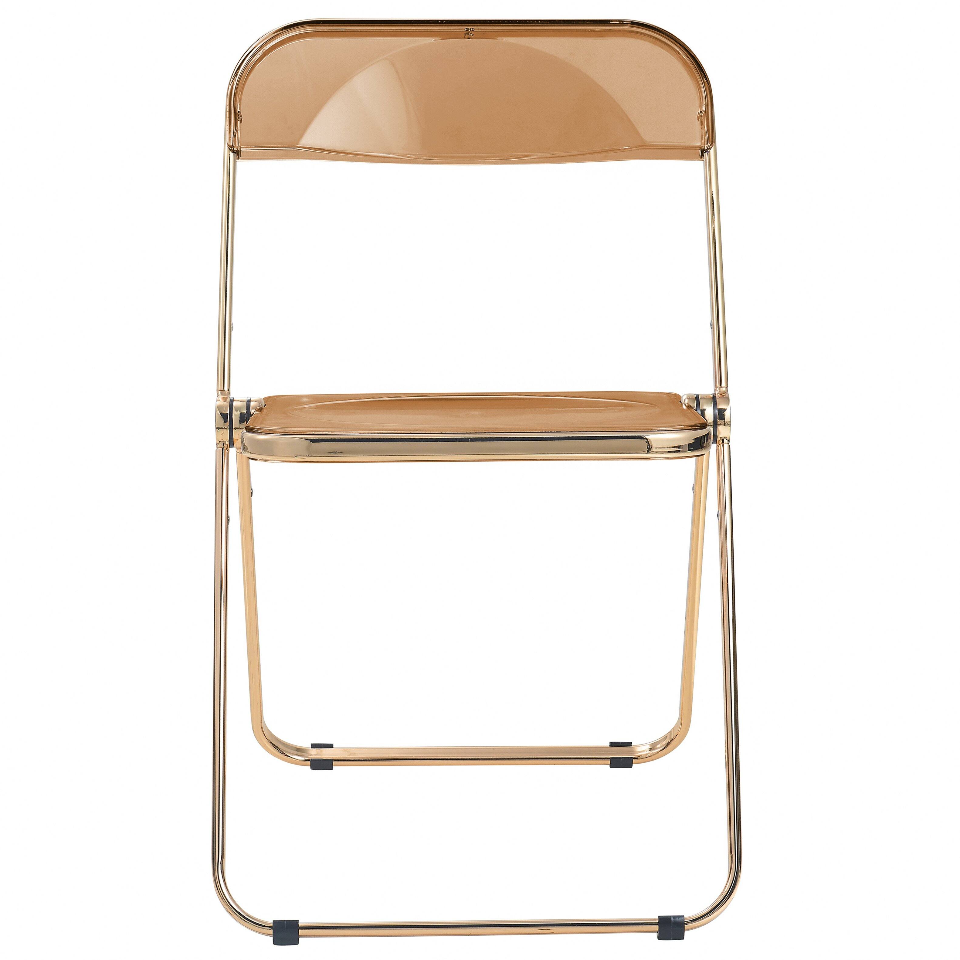 Alt View 2. LeisureMod - Lawrence Clear Acrylic Folding Chair, Modern Gold Chrome Frame, Fully Assembled Portable Dining Seat - Tangerine.