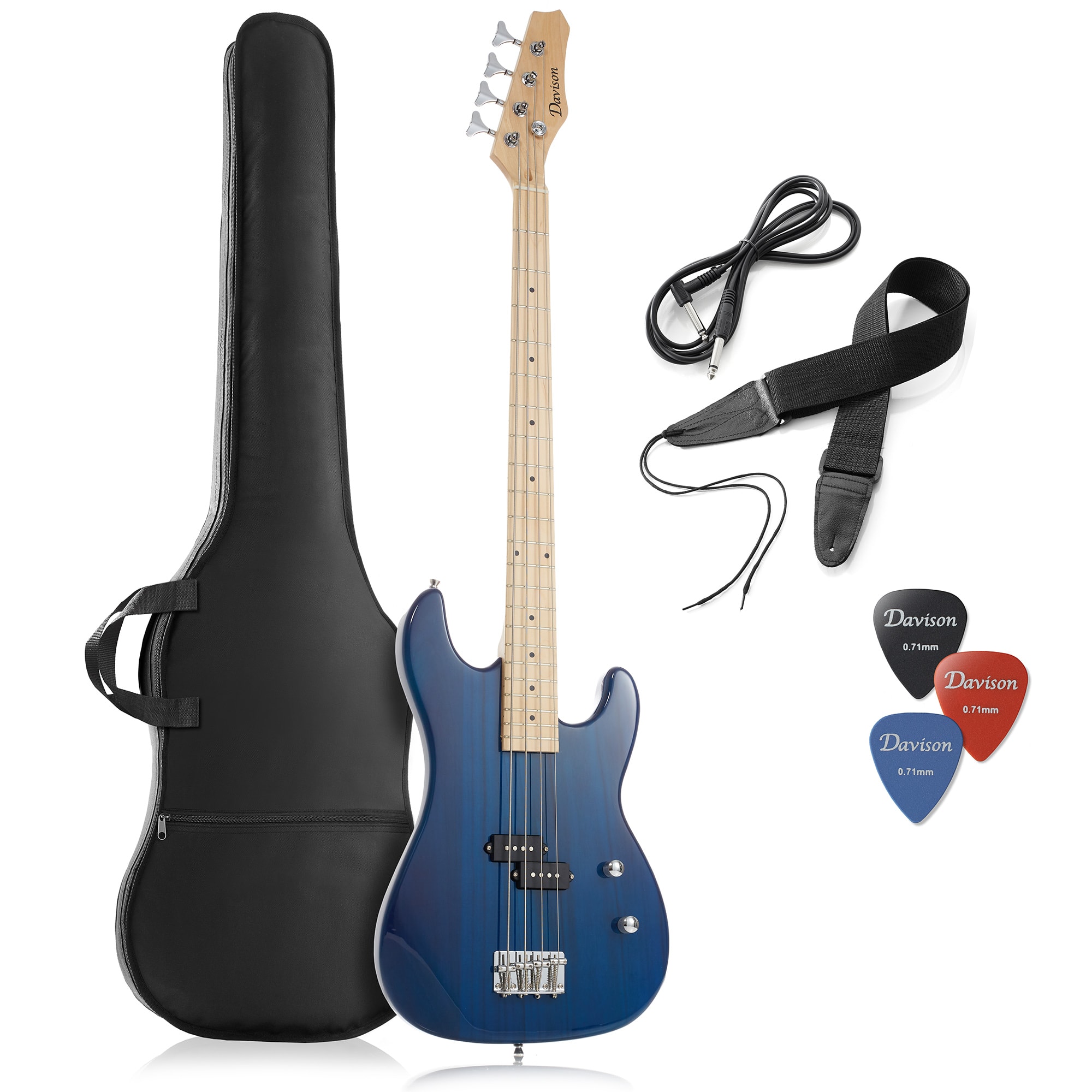 Davison Guitars - Electric Bass Guitar - Right Handed Beginner Kit with Gig Bag - Blue