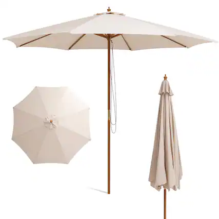 Front. Costway - 10FT Patio Wooden Market Table Umbrella Pulley w/8 Bamboo Ribs Sunshade Canopy Beige - Beige.