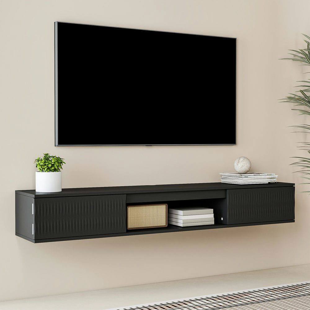 Kadyn - Wall-Mounted Floating TV Stand with LED Lighting and Twisted Texture Design - Black