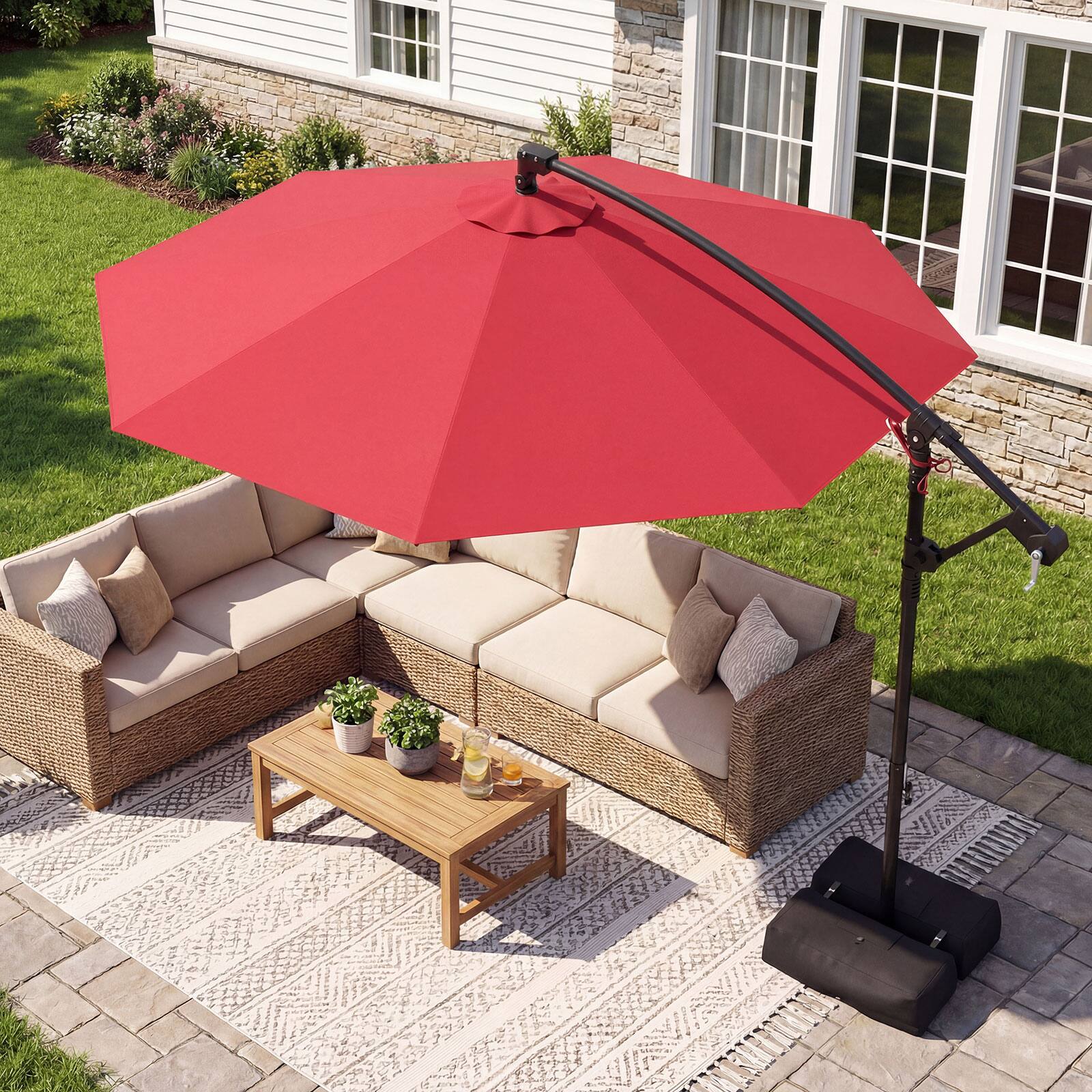 Alt View 4. Costway - Costway 10 FT Offset Hanging Umbrella with Base Patio Cantilever Umbrella 360° Rotation - Red.