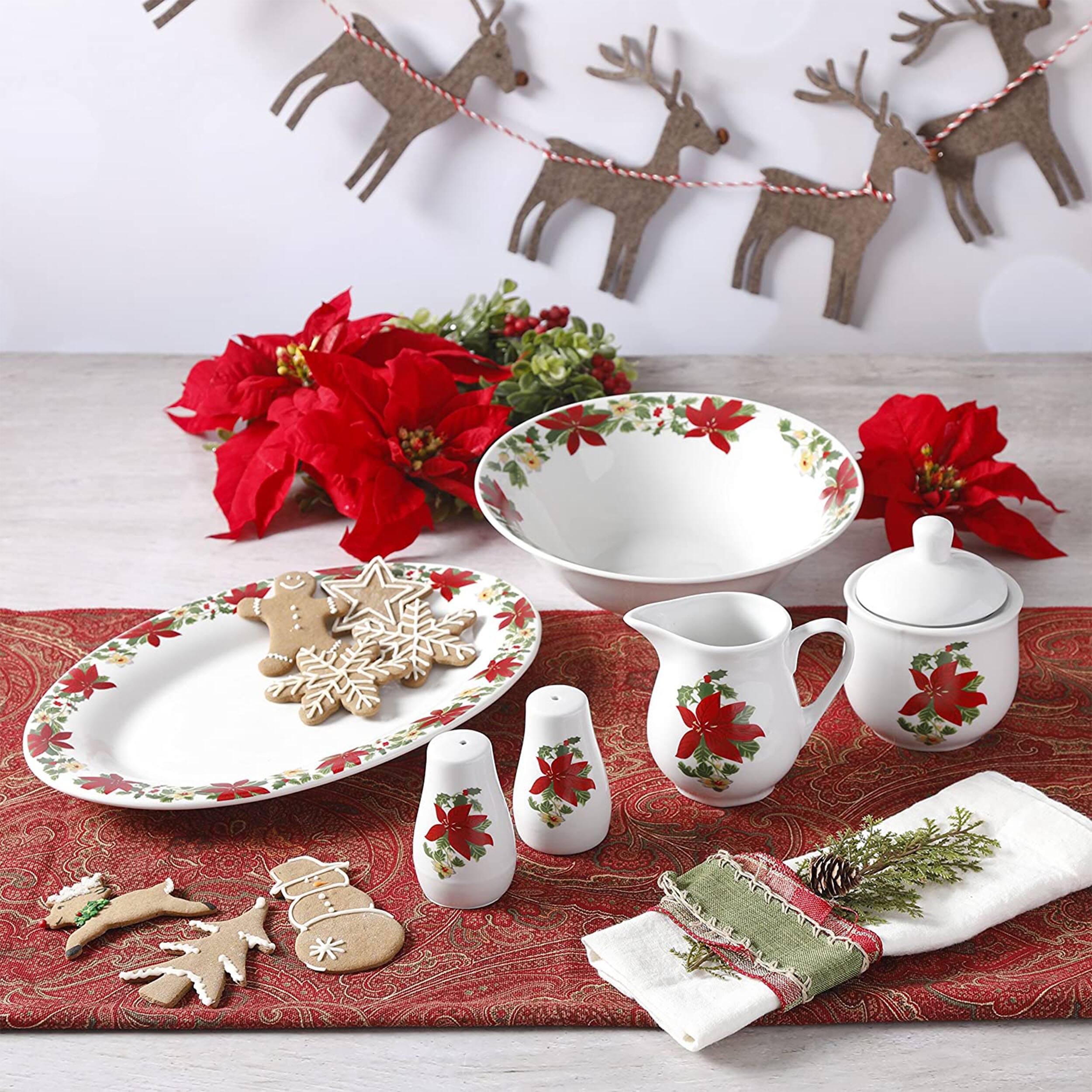 Alt View 4. Gibson - Perfect for Holidays Poinsettia 7 Piece Porcelain Serving Set in Red - Red.