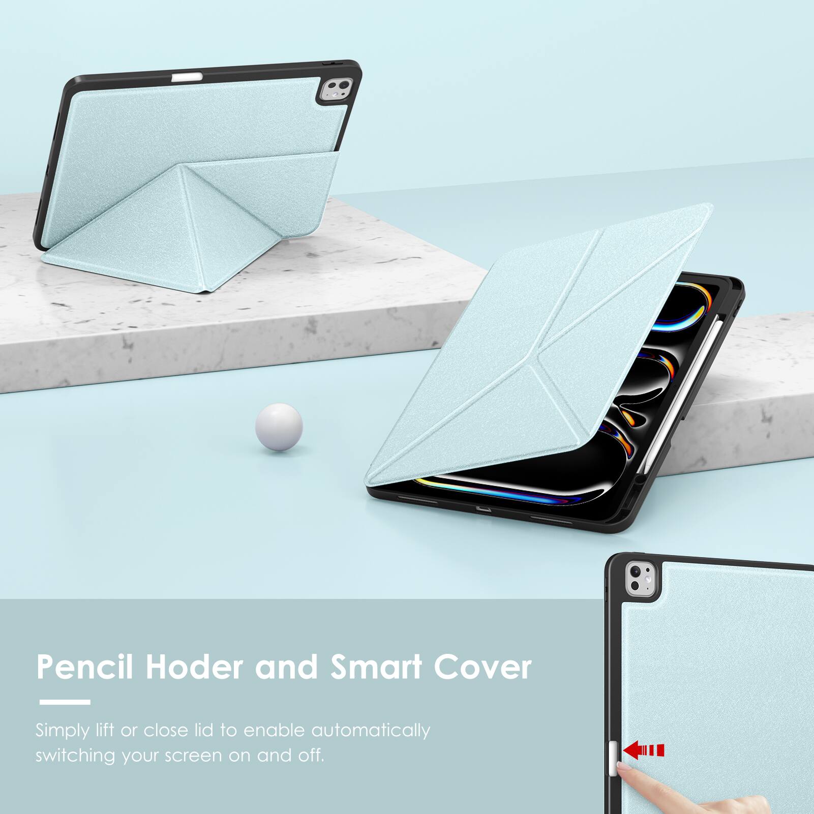 Pencil Holder and Smart Cover - Simply lift or close lid to enable automatically switching your screen on and off.