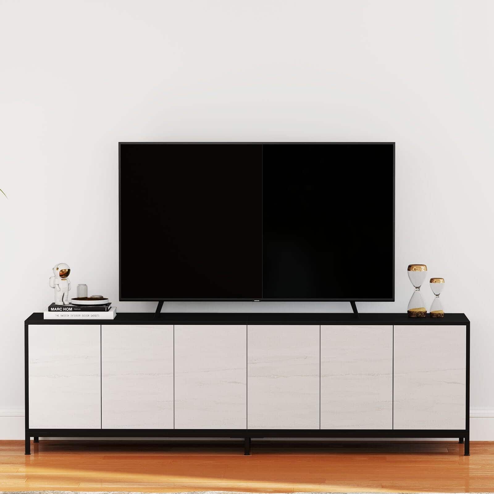 Bestier - TV Stand for TVs up to 80” with Minimalist Doors, Spacious Storage and Height-Adjustable Legs - White