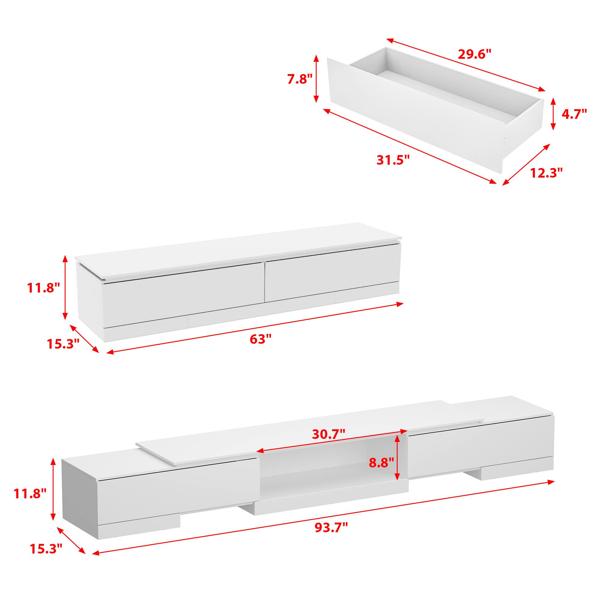 The text can be grouped as follows:

- Dimensions of the top drawer:
  - 31.5" (length)
  - 12.3" (width)
  - 4.7" (height)
  - 7.8" (depth)

- Dimensions of the middle drawer:
  - 63" (length)
  - 15.3" (width)
  - 11.8" (height)

- Dimensions of the bottom drawer:
  - 93.7" (length)
  - 30.7" (width)
  - 11.8" (height)
  - 8.8" (depth)