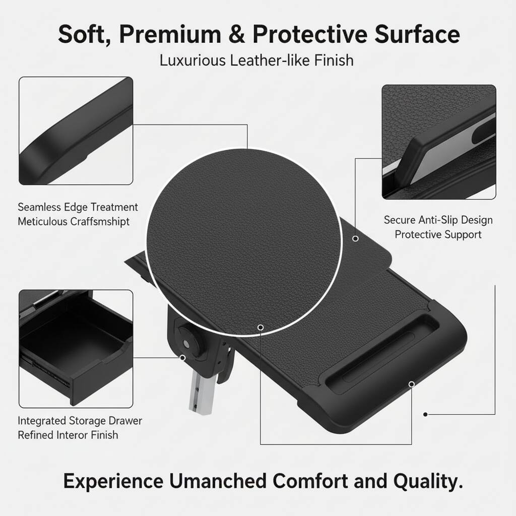 Soft, Premium & Protective Surface  
Luxurious Leather-like Finish  
Seamless Edge Treatment  
Meticulous Craftsmanship  
Secure Anti-Slip Design  
Protective Support  
Integrated Storage Drawer  
Refined Interior Finish  
Experience Unmatched Comfort and Quality.