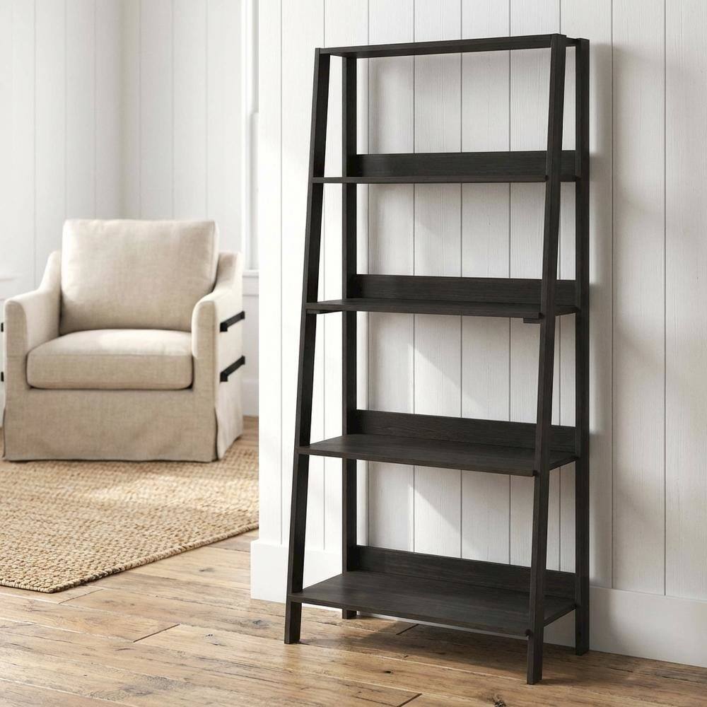 Left. FurniFact - Black 5-Tier Ladder Shelf for Books and Display Storage - Black Espresso.