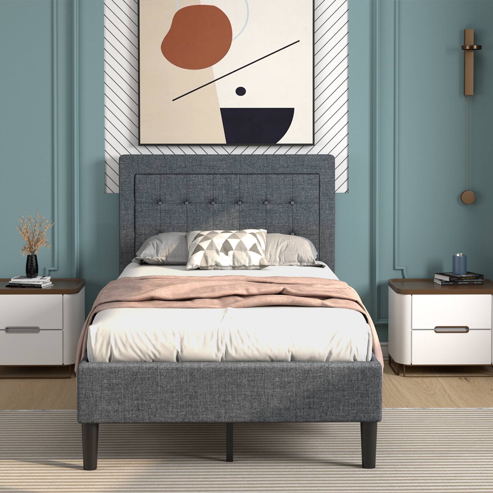 Alt View 8. Ecooso - Twin Size Upholstered Bed Frame with Button Tufted Headboard - Gray.