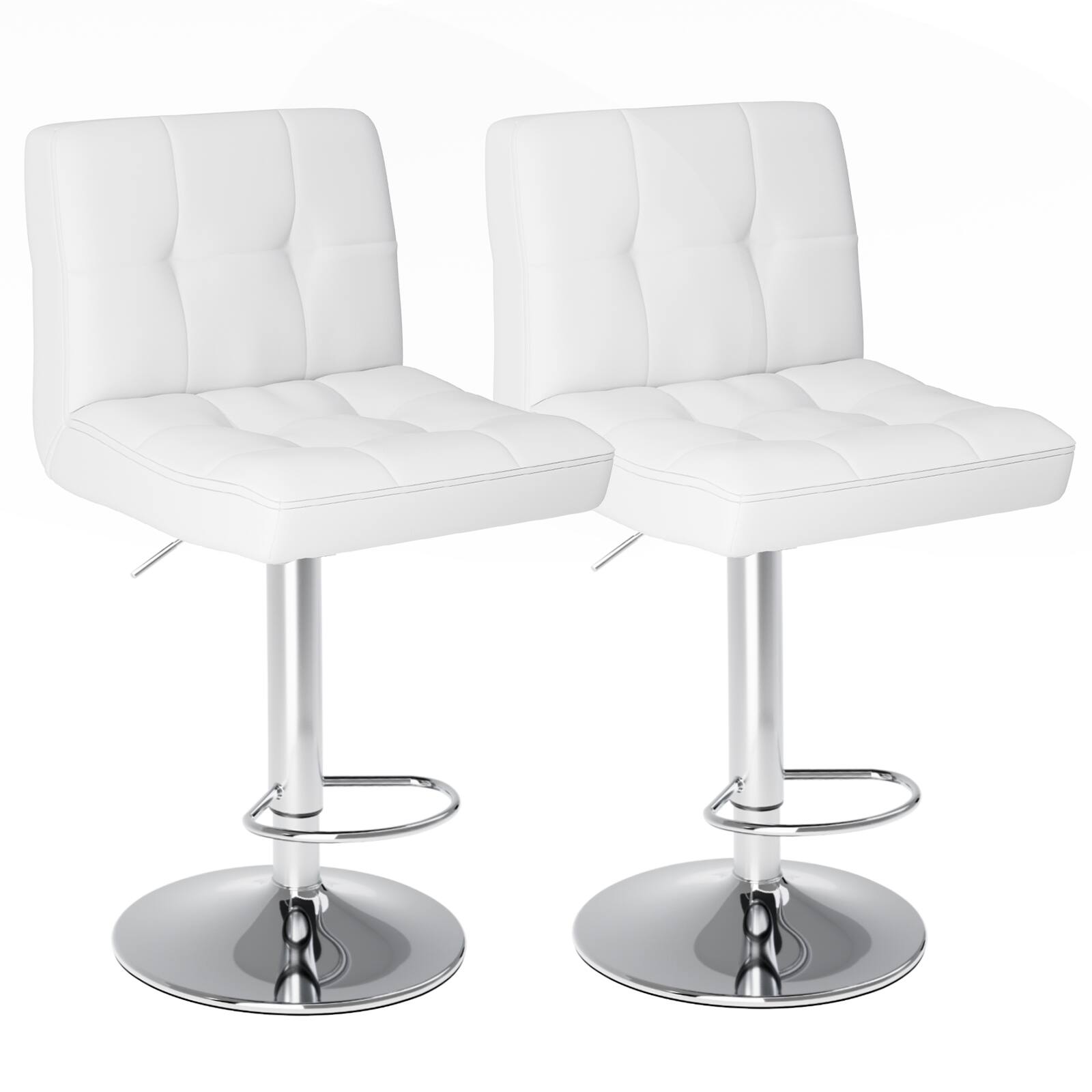 Angle. PexFix - Counter Height Bar Stools, Set of 2, Square Upholstered Seat, Adjustable Swivel with Back and Footrest - White.