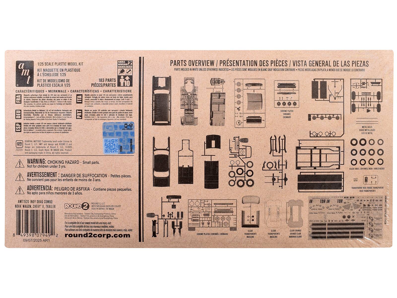 1/25 SCALE PLASTIC MODEL KIT  
KIT MAQUETTE EN PLASTIQUE  
KIT MODELISMO DE 1/25  
PLASTICO ESCALA 1/25  

183 PARTS  
PIECES/PARTES  
CARACTERISTIQUES  
MERKMALE  
CARATTERISTICHE  

PARTS OVERVIEW / PRÉSENTATION DES PIÈCES / VISTA GENERAL DE LAS PIEZAS  
PARTS MOLDED IN WHITE UNLESS OTHERWISE INDICATED / LES PIÈCES SONT MOULUES EN BLANC SAUF INDICATION CONTRAIRE / PIEZAS MOLDEADAS EN PLATA MENOS QUE SE INDIQUE LO CONTRARIO  

WARNING: CHOKING HAZARD - Small parts. Not for children under 3 yrs.  
AVERTISSEMENT: DANGER DE SUFFOCATION - Petites pièces. Ne convient pas pour les enfants moins de 3 ans.  
ADVERTENCIA: PELIGRO DE ASFIXIA - Contiene piezas pequeñas. No apto para niños menores de 3 años.  

AMT1520 INDY DRAG COMBO  
NOVA W