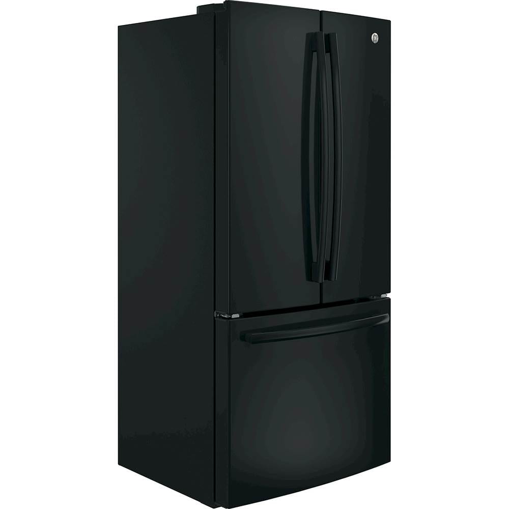 Angle. GE - 18.6 Cu. Ft. French Door Counter-Depth Refrigerator - High Gloss Black.