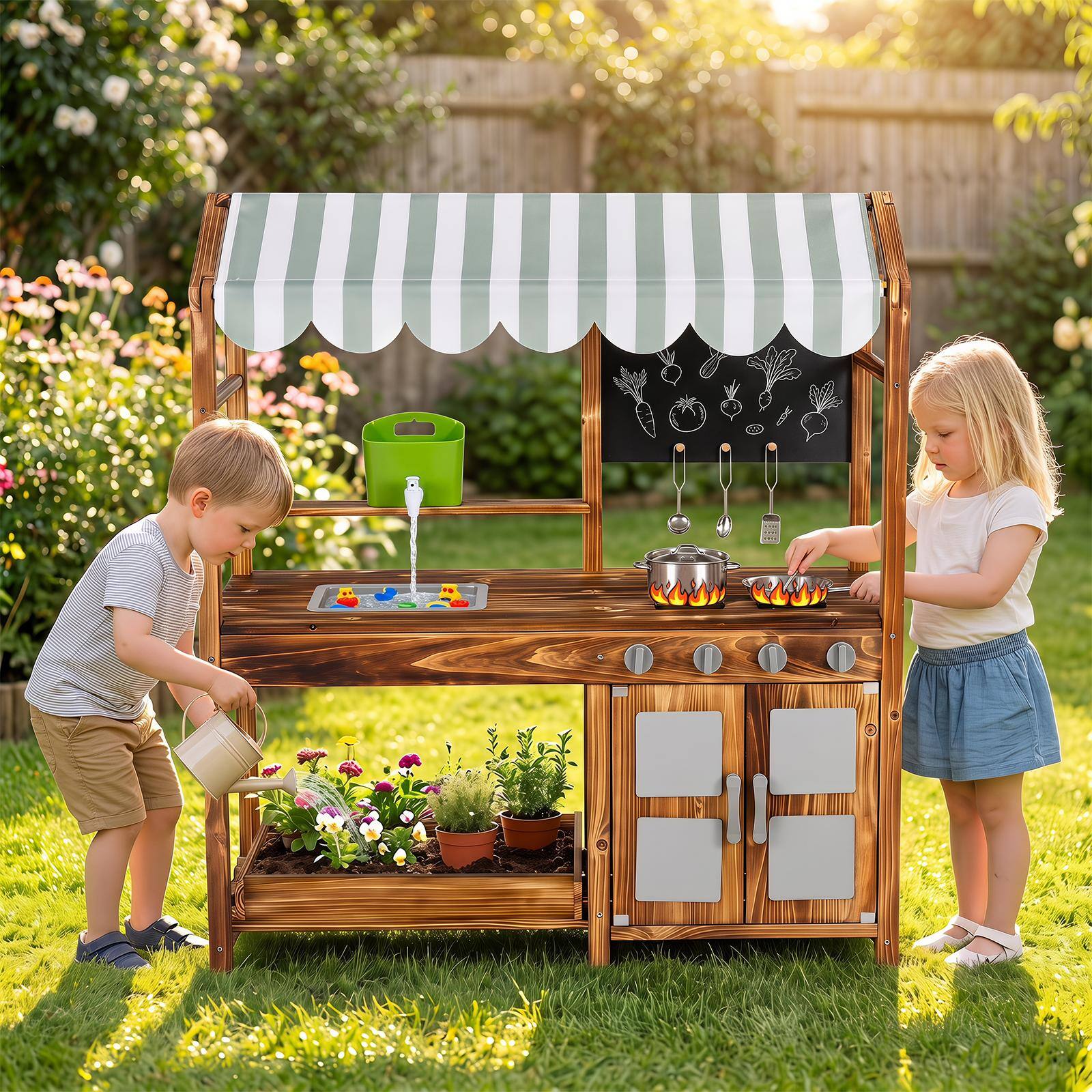 Alt View 3. Costway - Costway Outdoor Play Kitchen with Canopy, 2-Sided Chalkboard, Stoves, Water Tank, Sink - Brown.