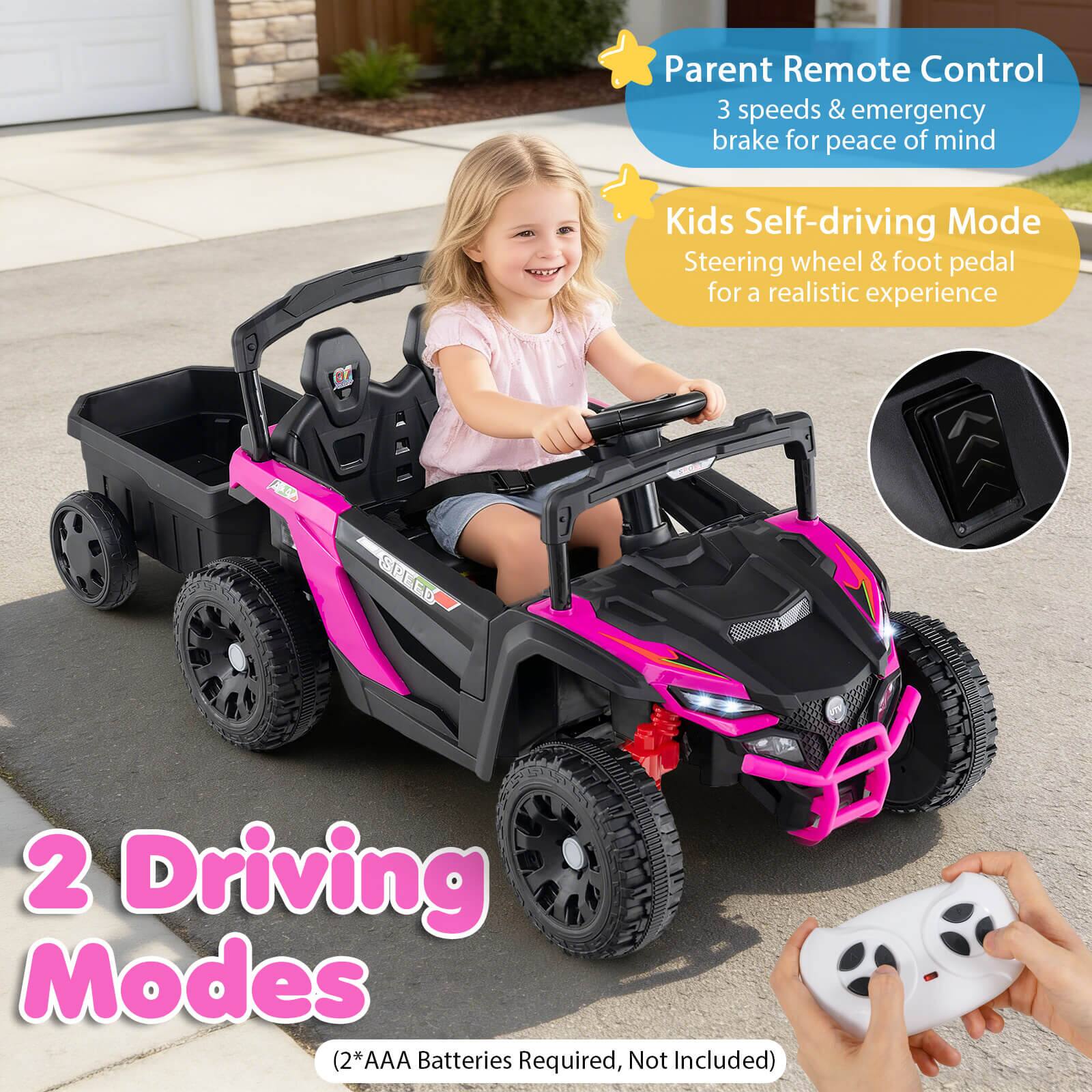Parent Remote Control  
3 speeds & emergency brake for peace of mind  

Kids Self-driving Mode  
Steering wheel & foot pedal for a realistic experience  

2 Driving Modes  
(2*AAA Batteries Required, Not Included)