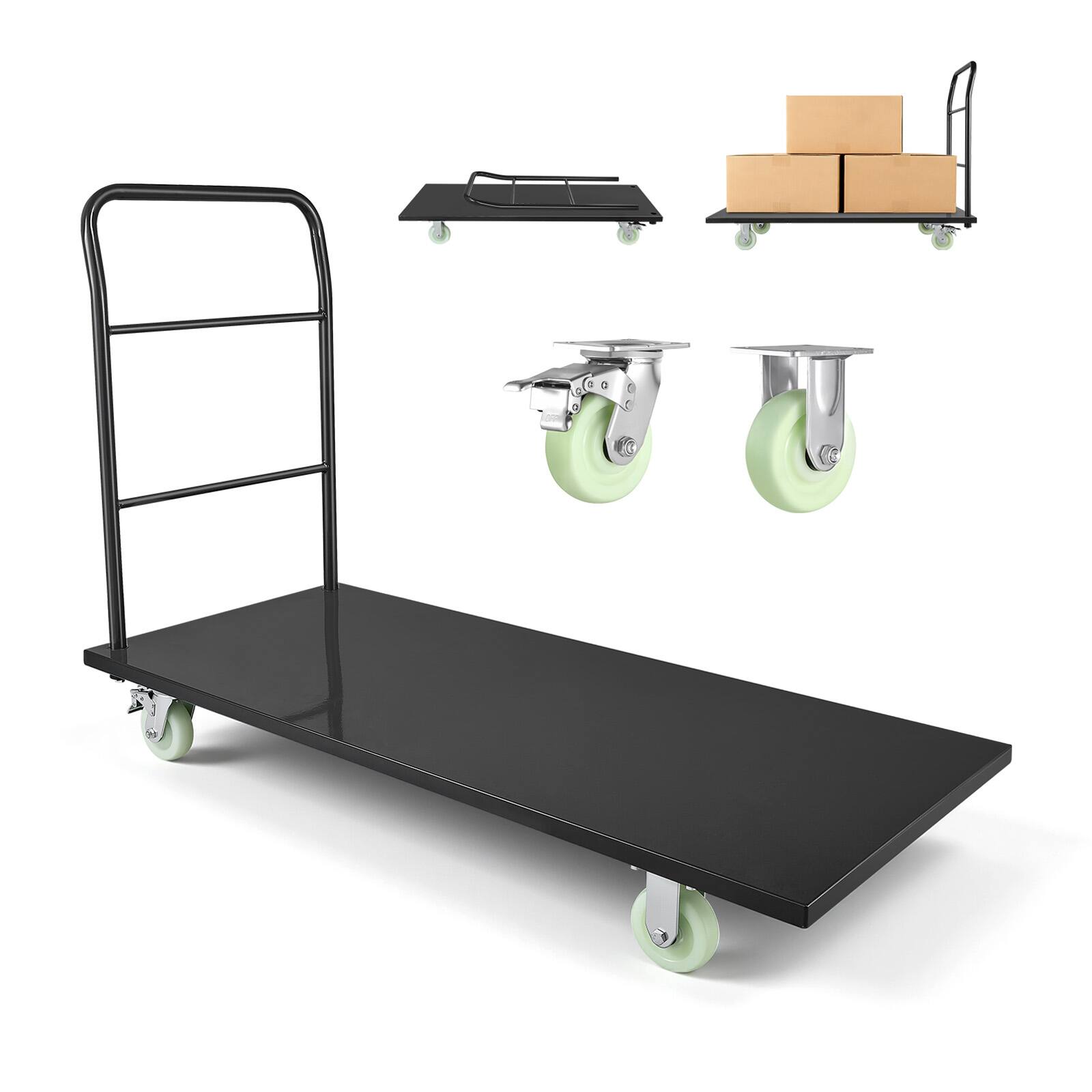 Front. VEVOR - Heavy Duty Platform Truck, 2000 lbs Capacity, Industrial Steel Flatbed Cart with Swivel Wheels and Handle - Black.