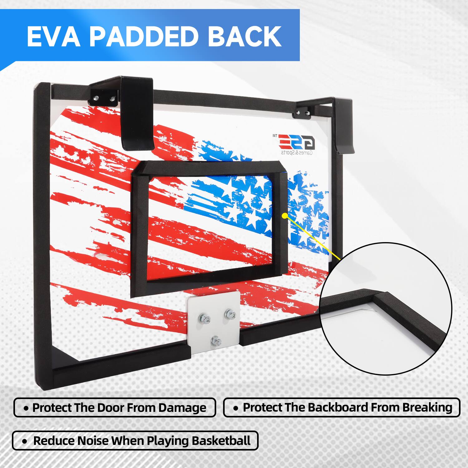 EVA PADDED BACK, Protect The Door From Damage, Protect The Backboard From Breaking, Reduce Noise When Playing Basketball