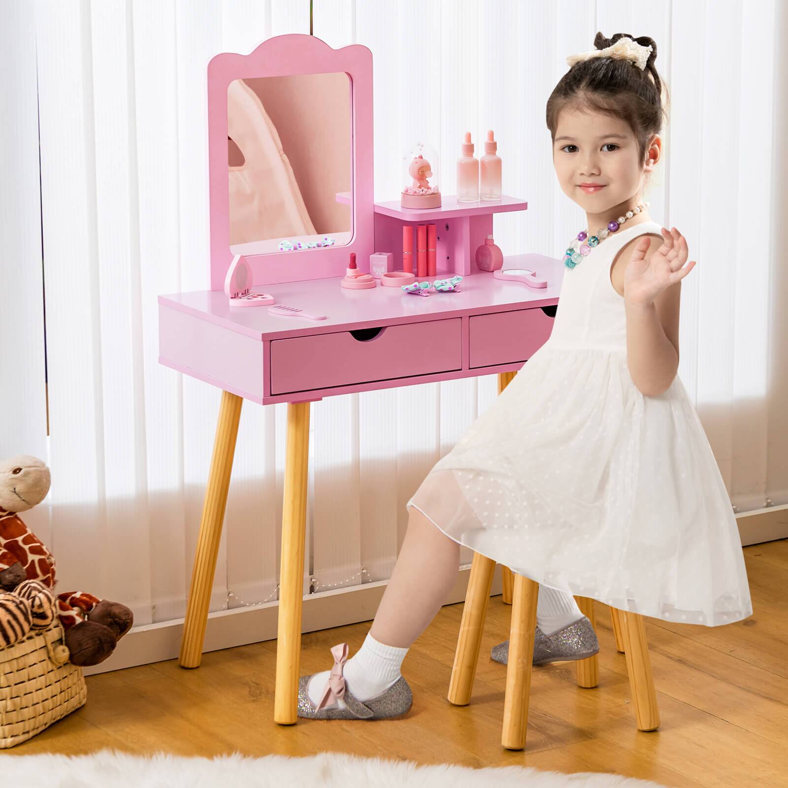 Alt View 9. Costway - Costway Kid Vanity Table Chair Set with Mirror Large Storage Drawers Wooden Legs - Pink.