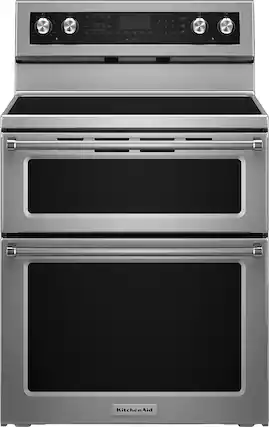 Front. KitchenAid - 6.7 Cu. Ft. Self-Cleaning Freestanding Double Oven Electric Convection Range - Stainless Steel.