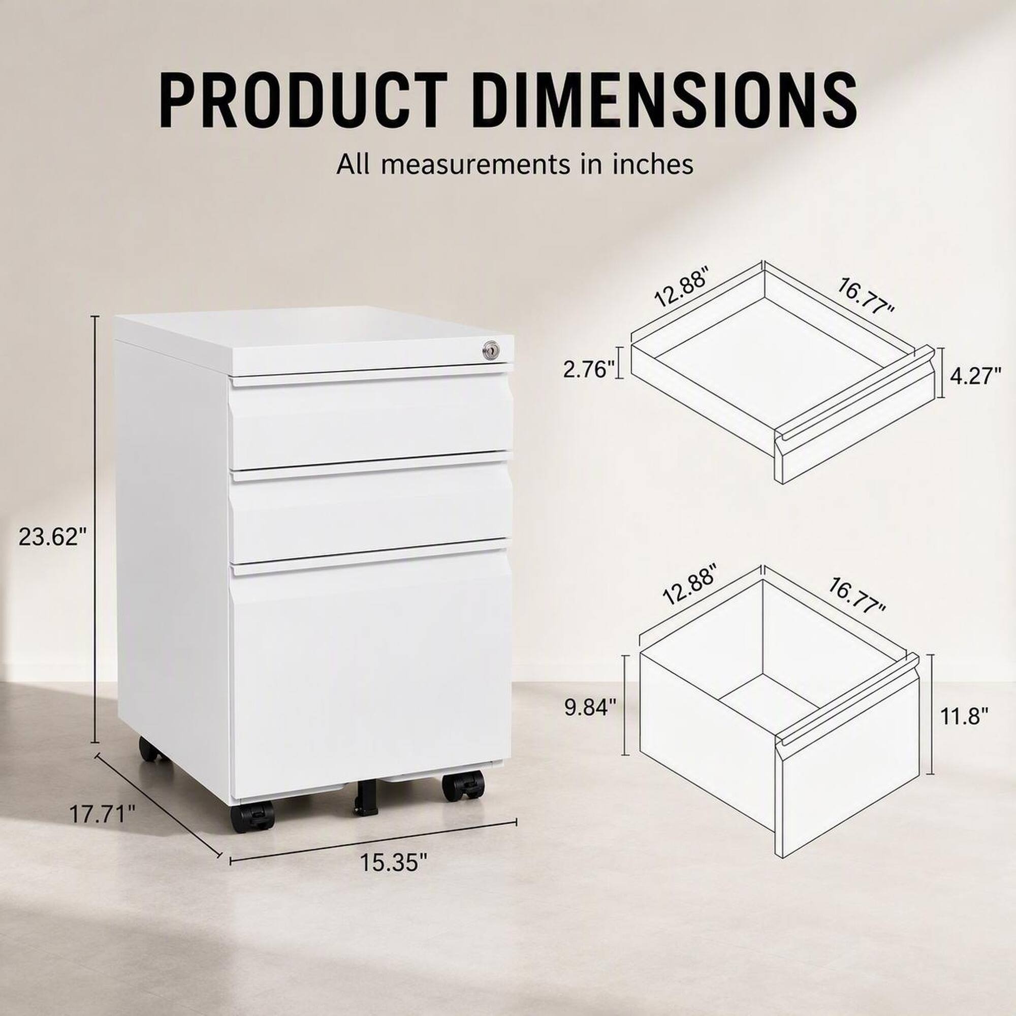 PRODUCT DIMENSIONS  
All measurements in inches

2.76"  
12.88"  
16.77"  
4.27"  
23.62"  
12.88"  
16.77"  
9.84"  
11.8"  
17.71"  
15.35"