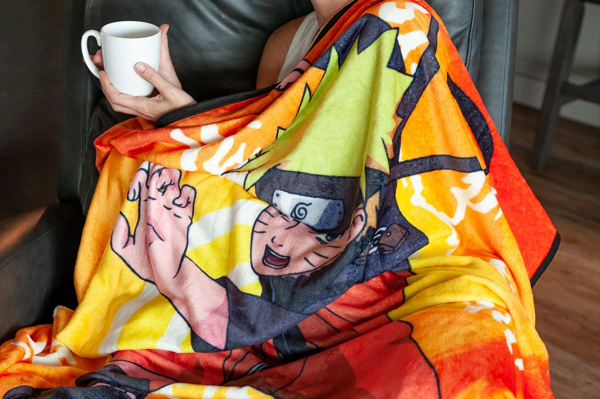 Alt View 3. Just Funky - Naruto With Kanji Symbols Large Anime Fleece Throw Blanket | 60 x 45 Inches - Orange.