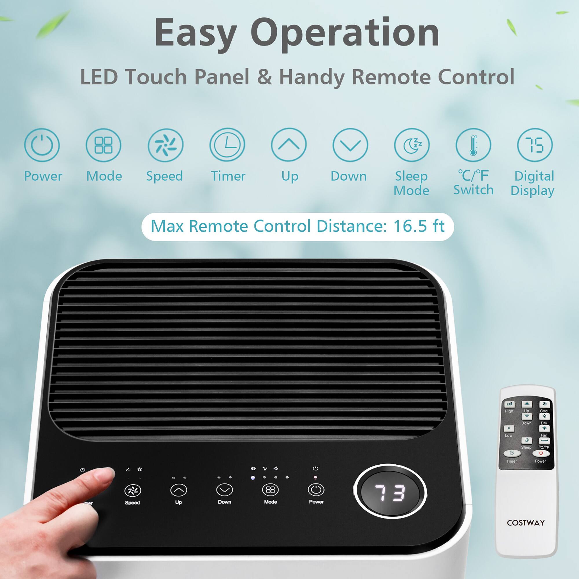 Easy Operation LED Touch Panel & Handy Remote Control 75 Power Mode Speed Timer Up Down Sleep Mode C/F Digital Switch Display Max Remote Control Distance: 16.5 ft in. . migh - down - d o . - C J Sr - PE  Spoed Up Down 88 Mode Power 73 7 COSTWAY