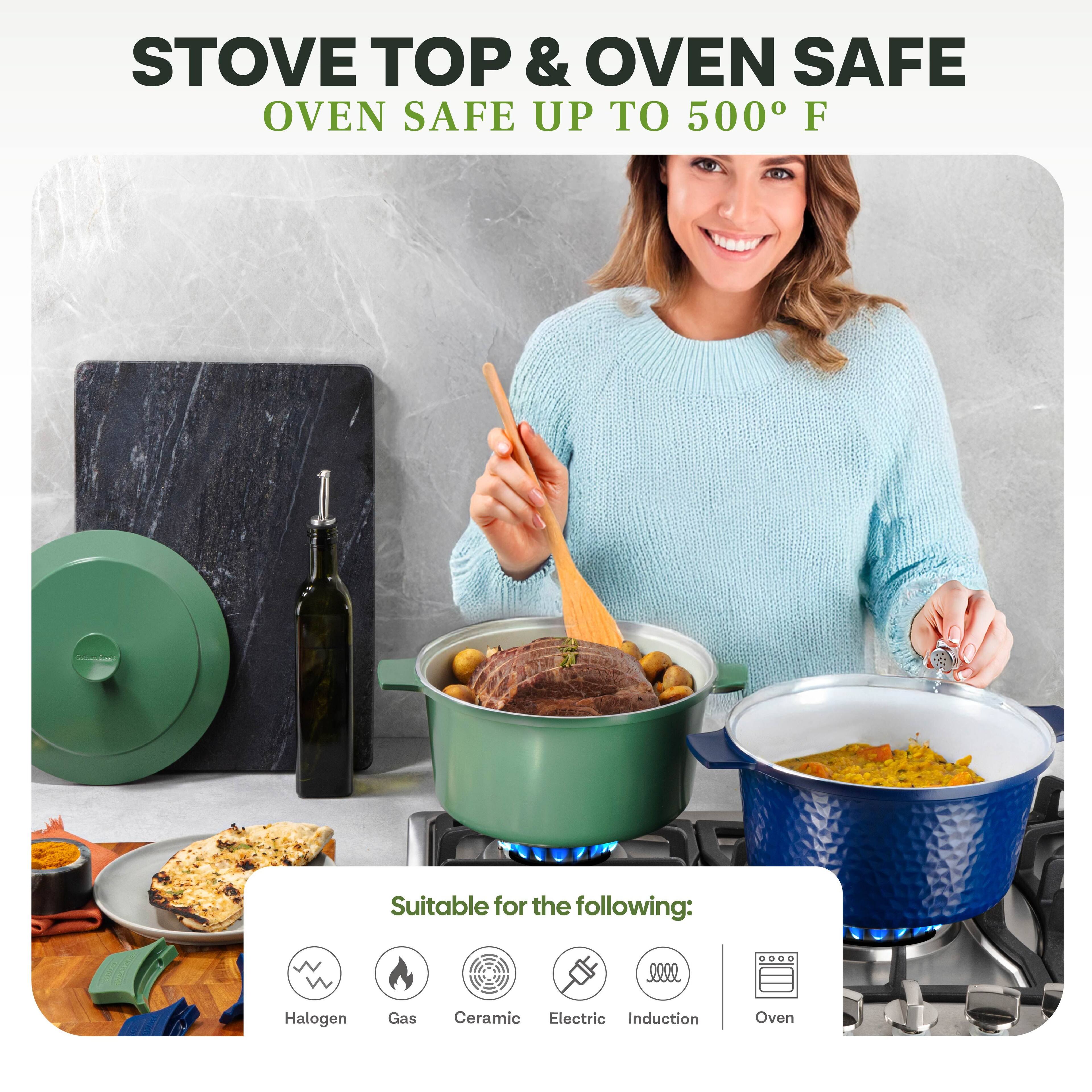 STOVE TOP & OVEN SAFE  
OVEN SAFE UP TO 500° F  

Suitable for the following:  
- Halogen  
- Gas  
- Ceramic  
- Electric  
- Induction  
- Oven