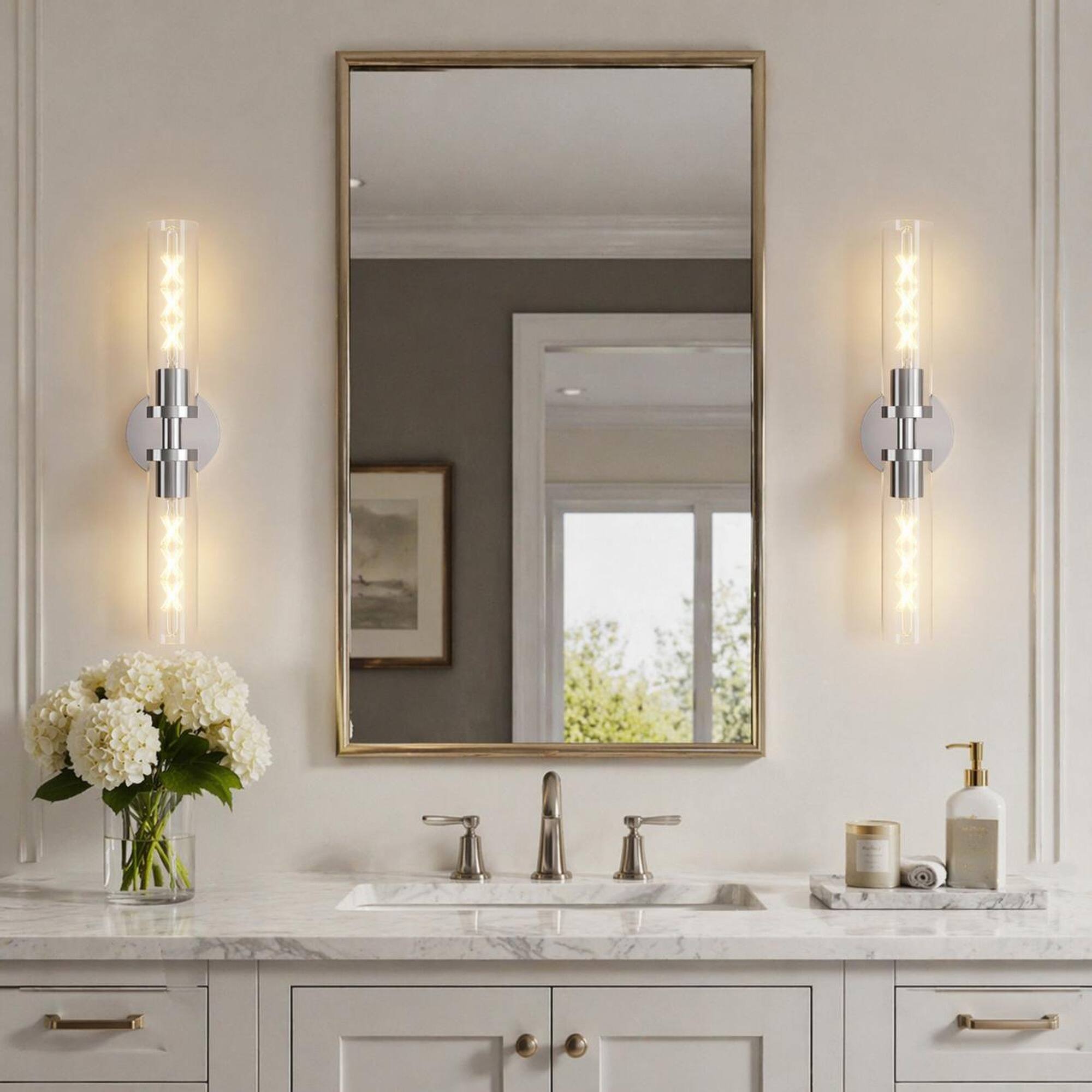 Angle. RYHNUYNE - Brushed Nickel Wall Sconces 2-Pack with Clear Glass Shades for Bathroom Vanity, Hallway, and Bedroom Lighting.