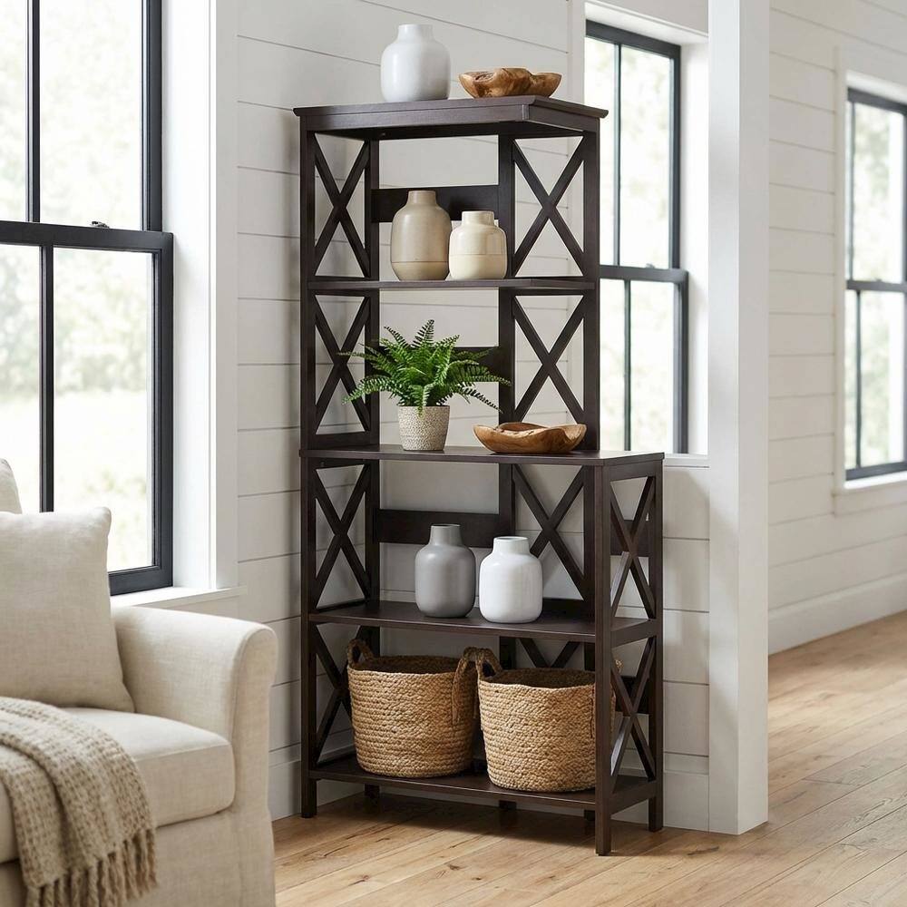 Back. FurniFact - Wooden 5-Tier Bookcase with Non-Lead Base Paint Finish for Home Storage - Espresso.