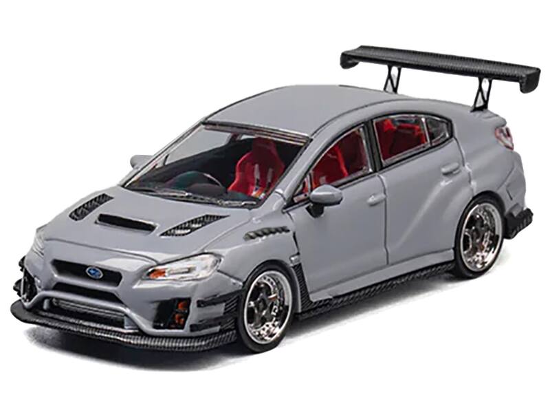 Left. CM Models - Subaru VAB WRX STI S4 Gray with Red Interior with Extra Wheels 1/64 Diecast Model Car by CM Model - Gray and Red.