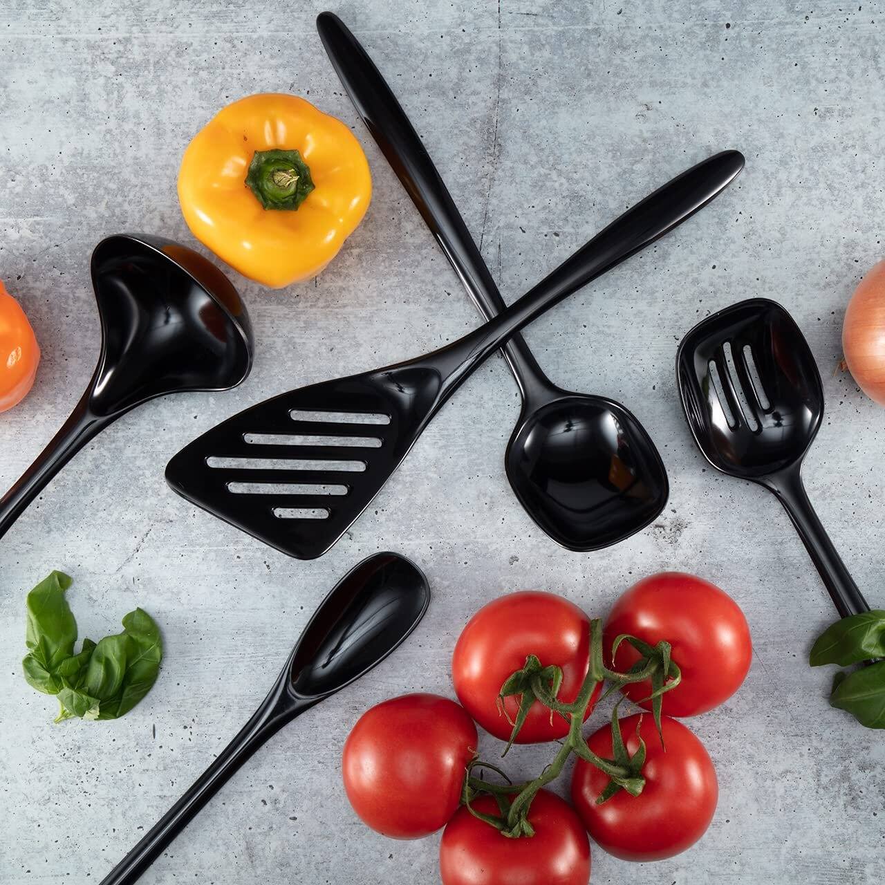 Left. Hutzler - 6-piece Melamine Cooking Utensils Set and Storage Crock - Black - Black.