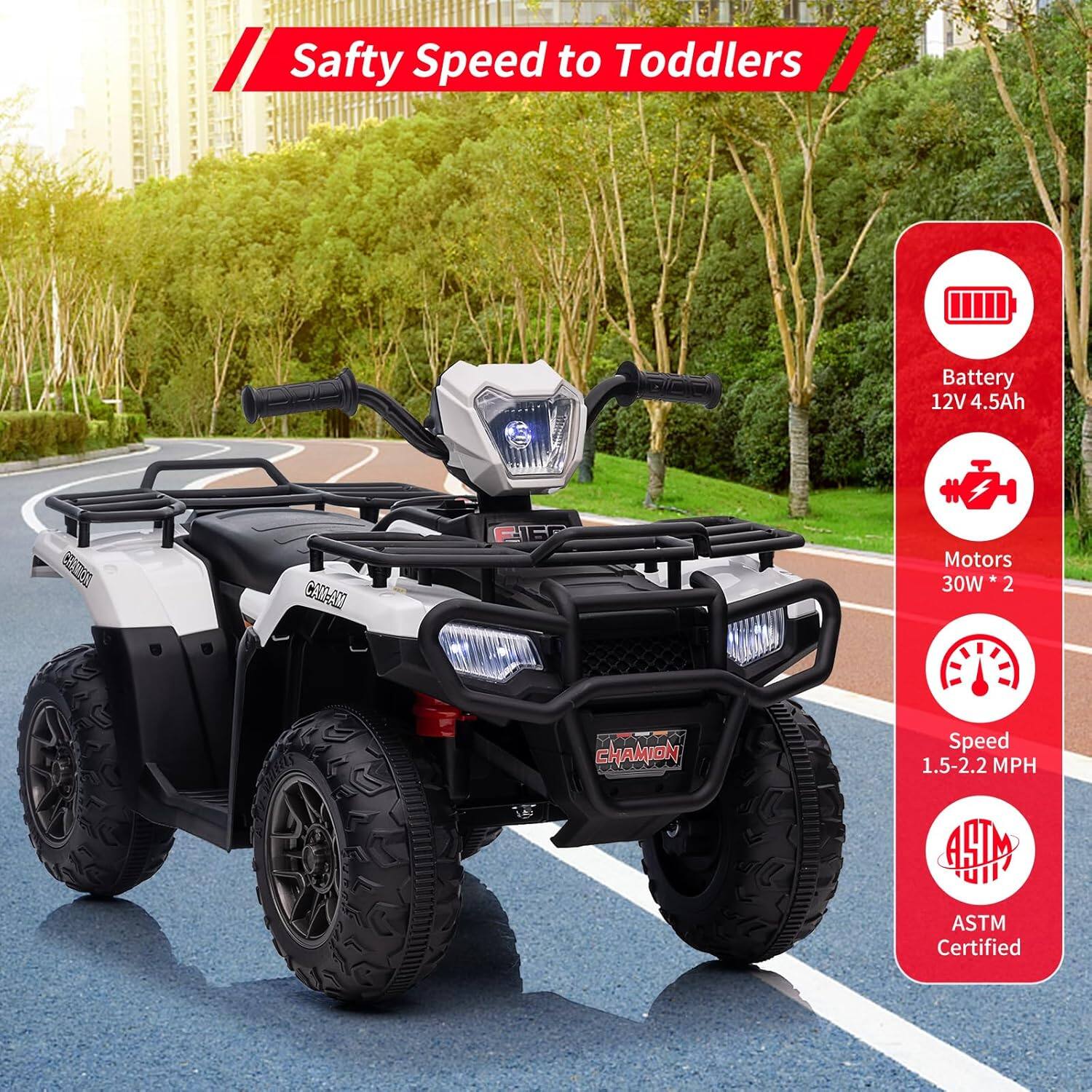 Safety Speed to Toddlers

- Battery: 12V 4.5Ah
- Motors: 30W * 2
- Speed: 1.5-2.2 MPH
- ASTM Certified
