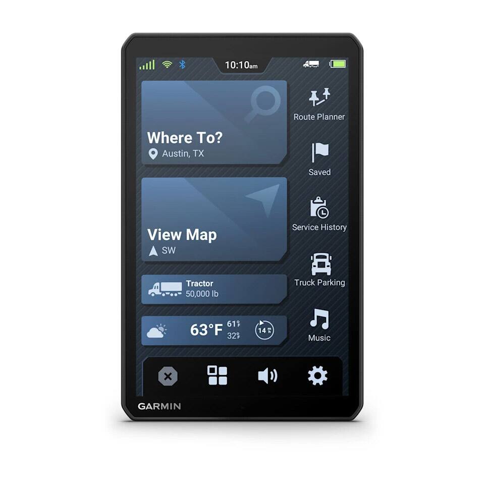 10:10 AM

Route Planner
Where To? Austin, TX

View Map SW

Service History
Tractor 50,000 lb

Truck Parking 61%

63°F 32%

Music

GARMIN