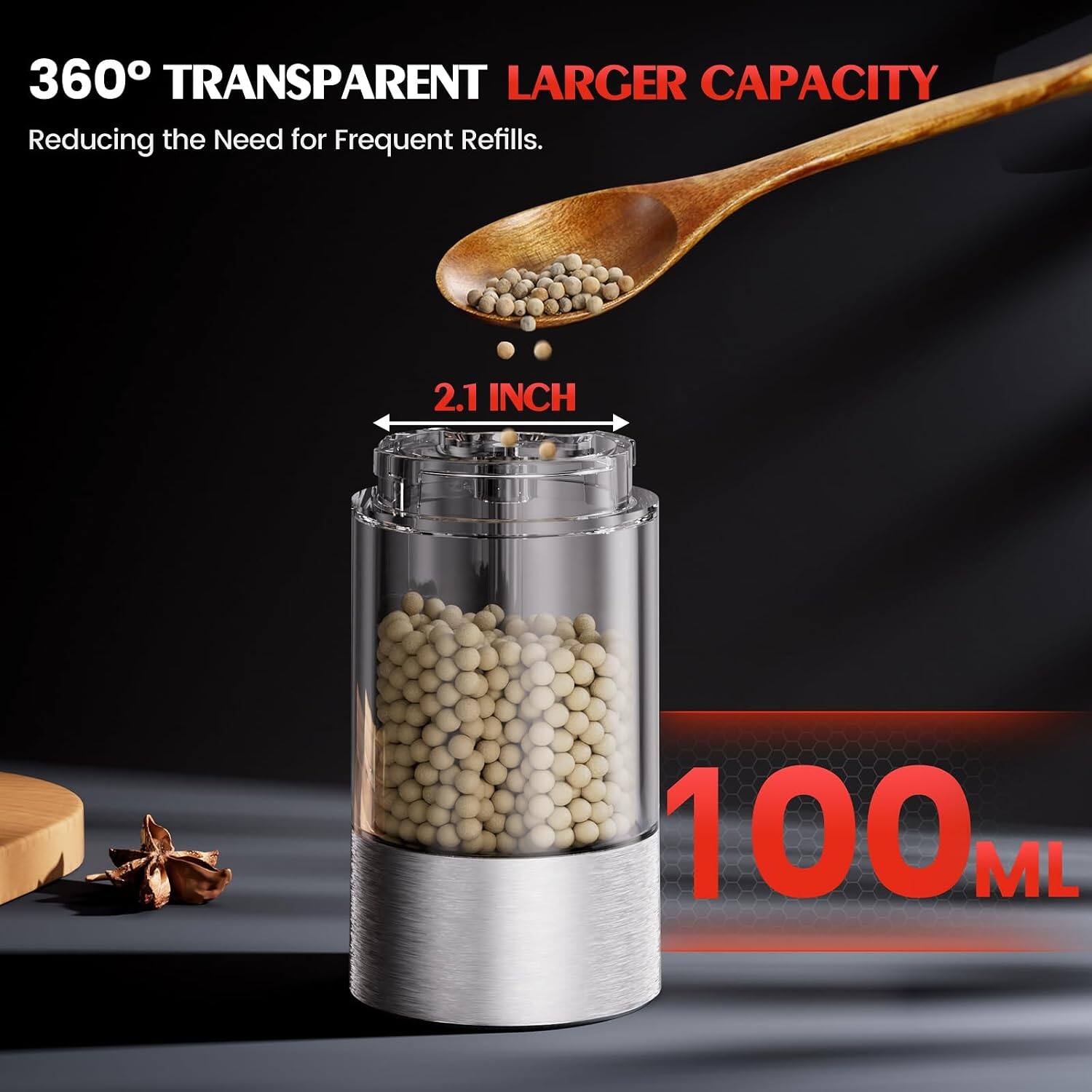 360° TRANSPARENT LARGER CAPACITY  
Reducing the Need for Frequent Refills.  
2.1 INCH  
100 ML