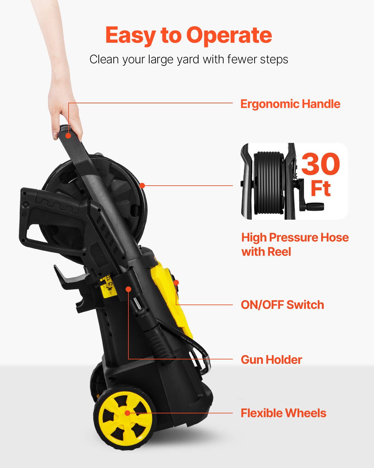 Easy to Operate  
Clean your large yard with fewer steps

Ergonomic Handle

30 Ft

High Pressure Hose with Reel

ON/OFF Switch

Gun Holder

Flexible Wheels