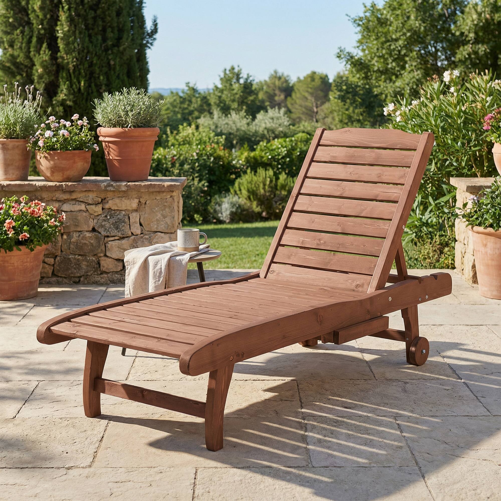 Alt View 8. Outsunny - Chaise Lounge Chair Outdoor Wooden Pool Lounge Chair with 3-level Adjustable Backrest, Built-In Table and Rolling Wheel - Brown Red.