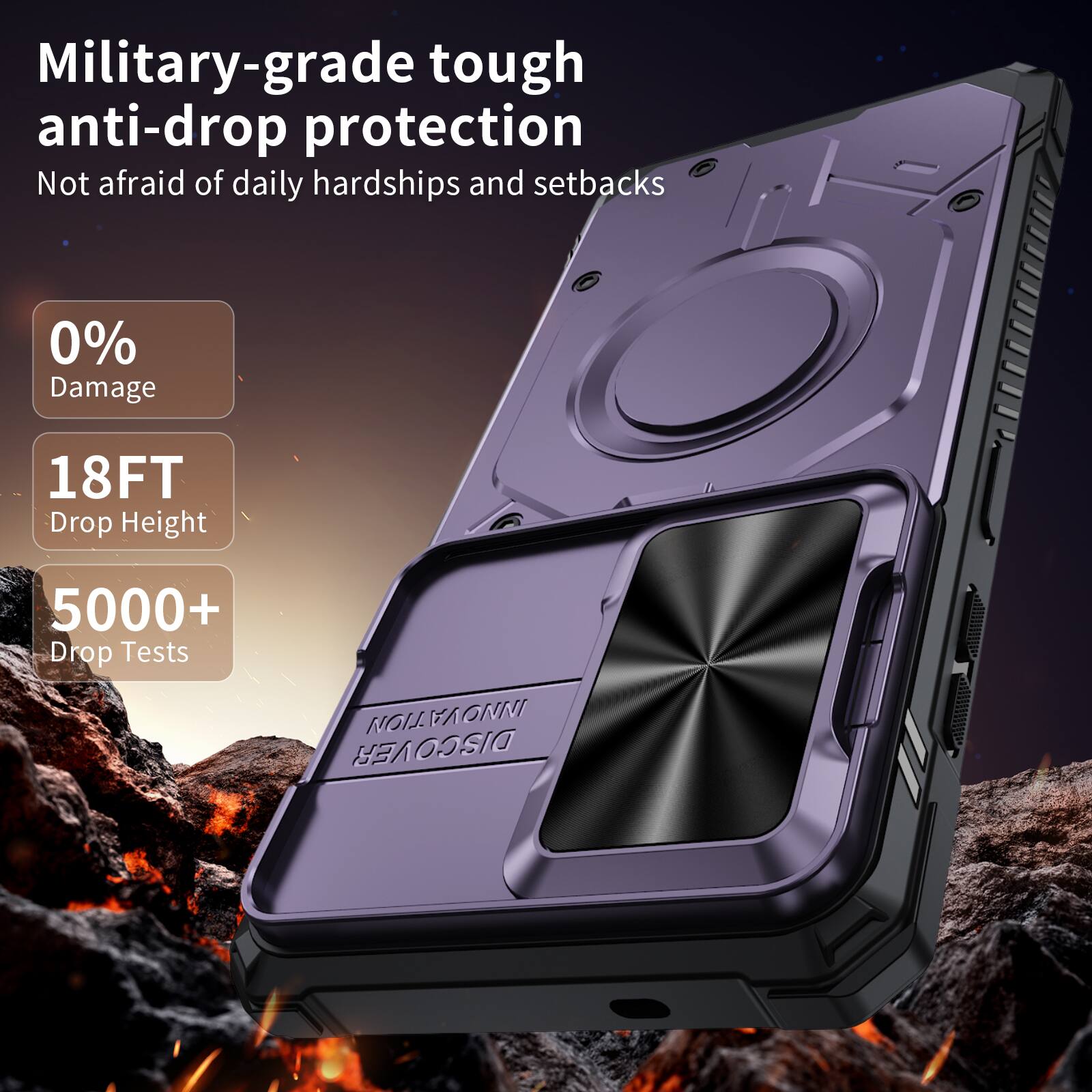 Military-grade tough anti-drop protection  
Not afraid of daily hardships and setbacks  
0% Damage  
18FT Drop Height  
5000+ Drop Tests  
NOI VONMI DISCOVER