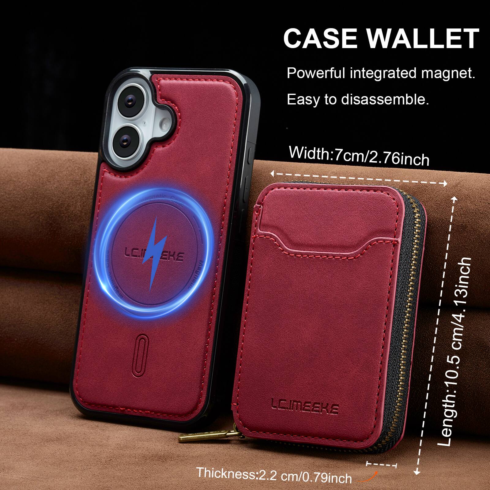CASE WALLET  
Powerful integrated magnet.  
Easy to disassemble.  

Width: 7cm/2.76inch  
Length: 10.5cm/4.13inch  
Thickness: 2.2cm/0.79inch