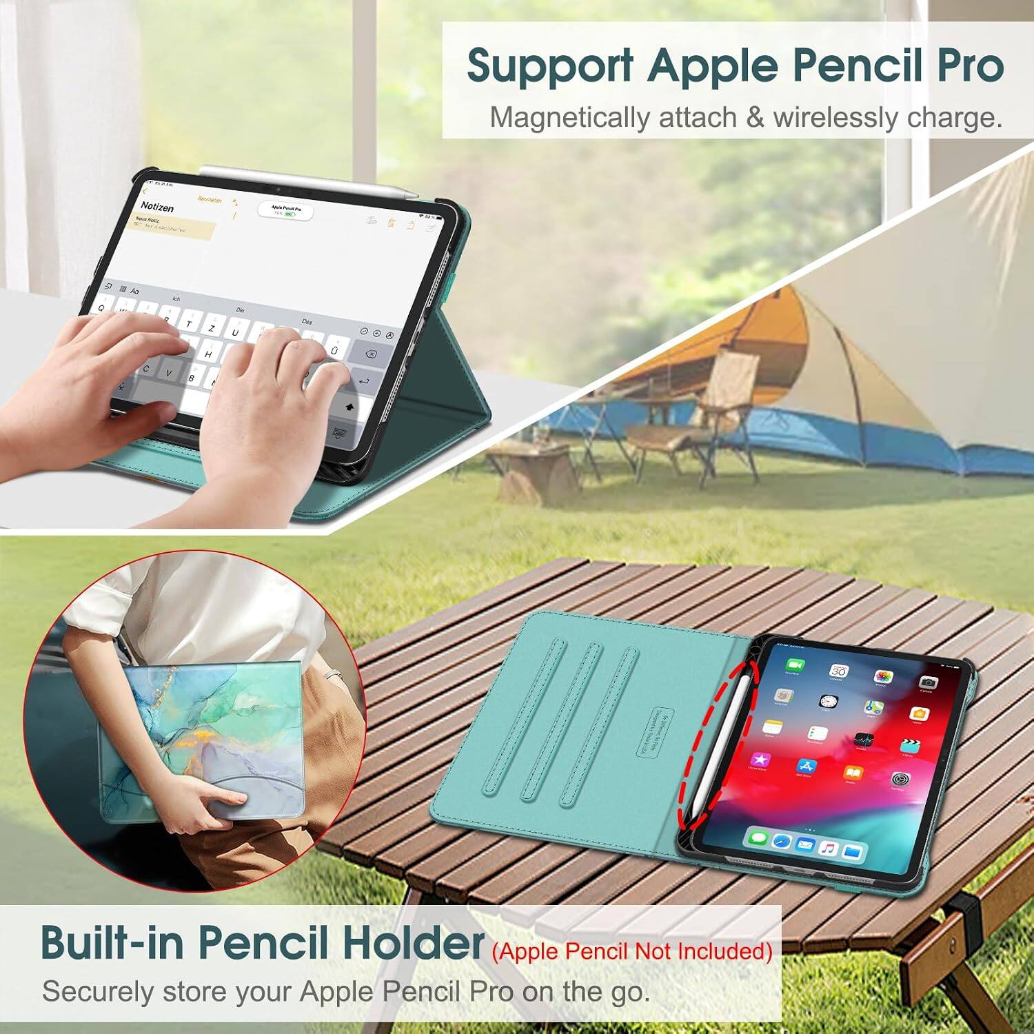 Support Apple Pencil Pro  
Magnetisch anfügen & kabellos aufladen.

Notizen  
-  
la 3: 3 -  
5 V  
1: 8  
I 2 H  
2m U  
0  
8  
30

Built-in Pencil Holder (Apple Pencil Not Included)  
Sicher aufrechterhalten Sie Ihre Apple Pencil Pro unterwegs.