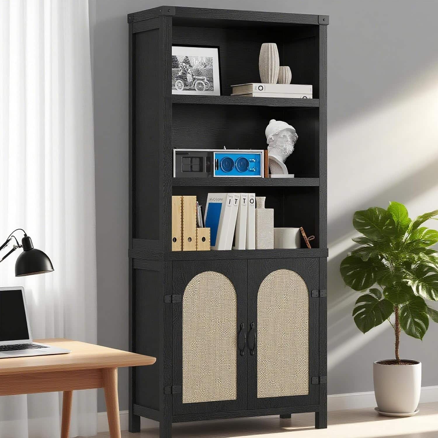 GARVEE - 5-Tier Tall Bookshelf with Storage, Cabinet with Doors for Living Room/Home Office, Wood Finish, Modern Organizer - Black
