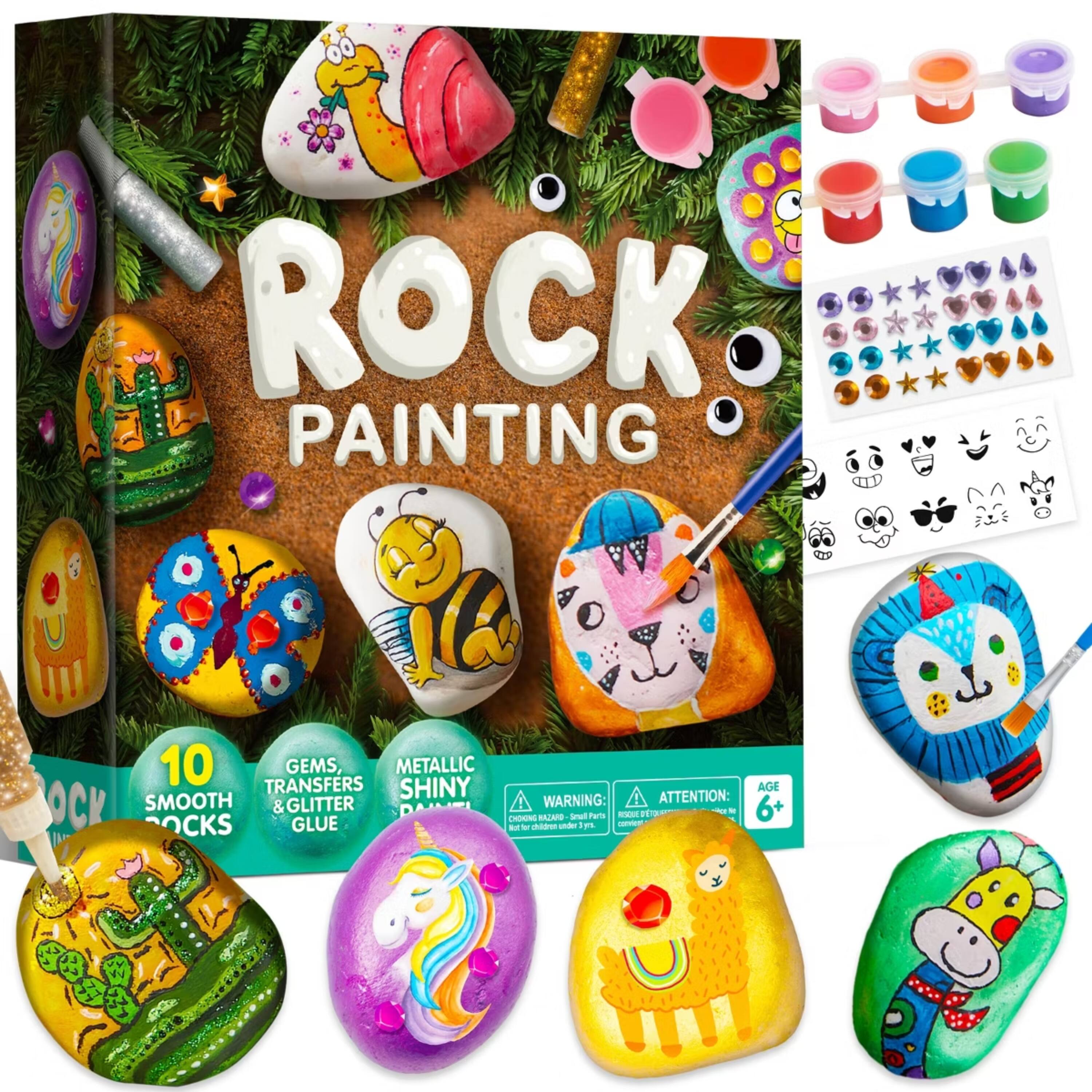 ROCK PAINTING

10 SMOOTH ROCKS

GEMS TRANSFERS & GLITTER

METALLIC SHINY

AGE WARNING: ATTENTION: 6+
